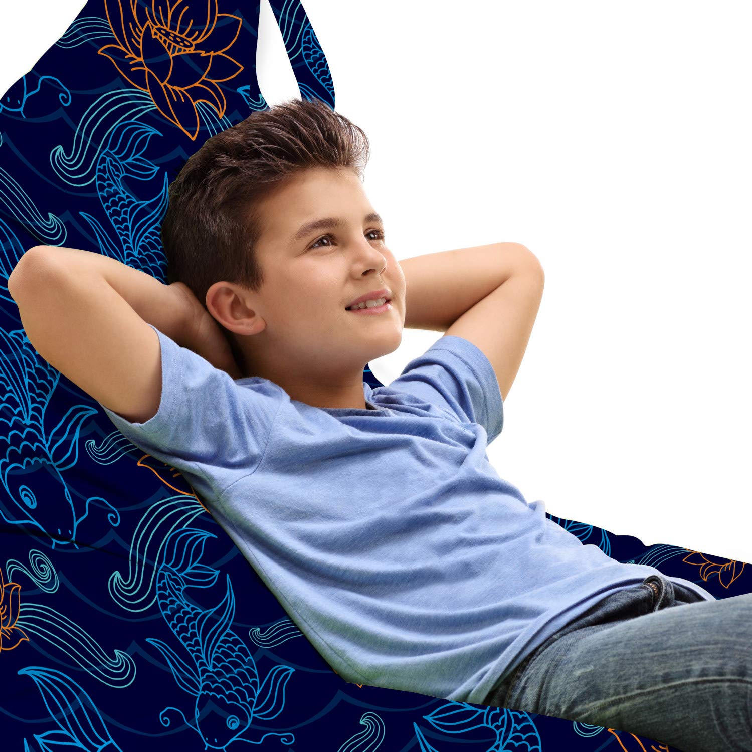 Ambesonne Koi Fish Lounger Chair Storage Bag - Large Capacity Pet Bed Organizer with Handle, Oriental Floral Doodle Design in Royal Blue Aqua Orange - Perfect for Pet Beds, Blankets & Home Organization