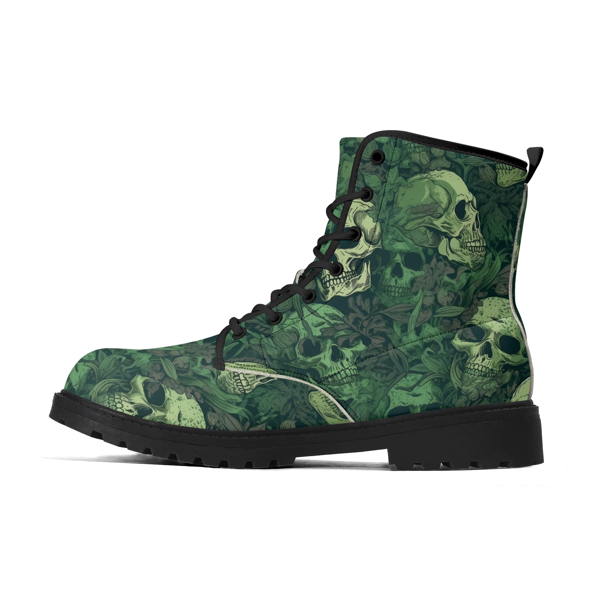 **Men's Green Skull Leather Boots with Black Outsole - Durable & Stylish for Outdoor, Motorcycle & Gothic Fashion**