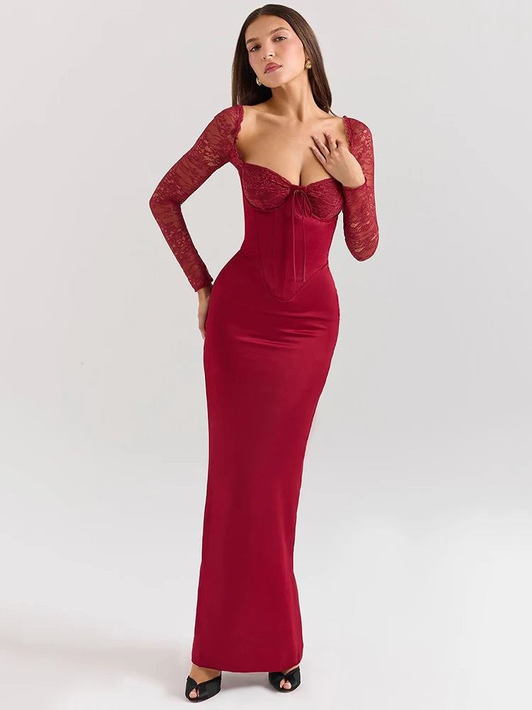 Sexy Backless Long Sleeve Maxi Dress for Women - Solid Square Neck Lace-Up Back Bodycon Club Dress with High Slit | Elegant Evening Wear for Parties, Date Nights & Special Occasions