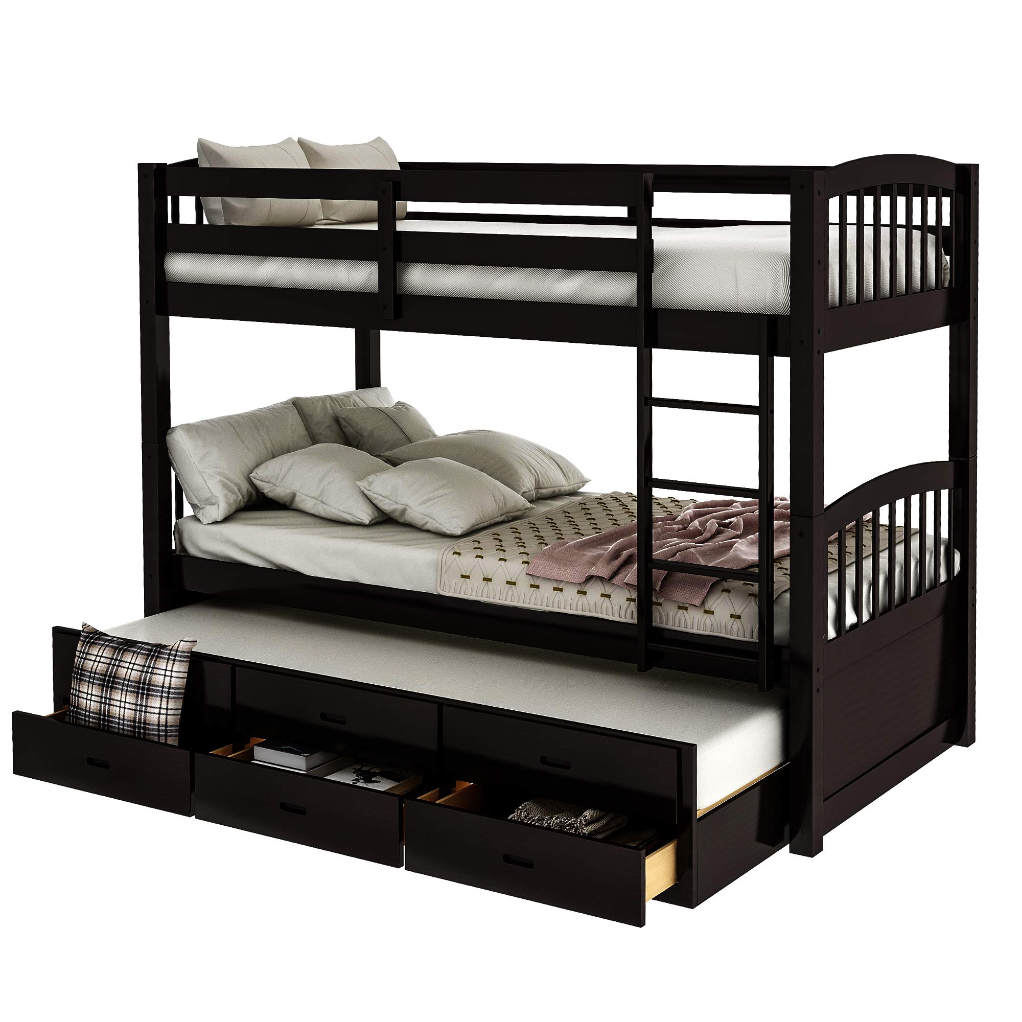 JULYFOX Twin Over Twin Bunk Bed with Trundle and 3 Storage Drawers - Solid Hardwood Space-Saving Bunk Bed with Ladder - Perfect for Kids' Bedrooms, Guest Rooms, and Small Spaces (Espresso Finish)