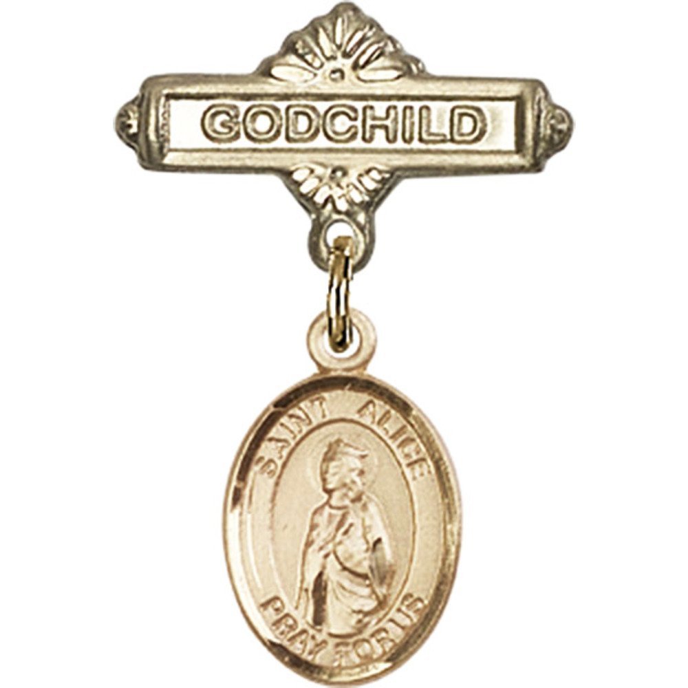 Bonyak Jewelry Gold Filled Saint Medal Charm - St. Alice Religious Pendant & Godchild Badge Pin (1 X 5/8 inches) for Baptism, First Communion & Spiritual Gifts