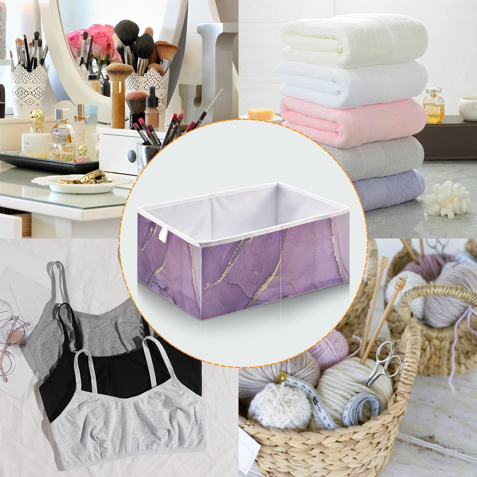 Gold & Purple Acrylic Paint Marble Art Rectangular Storage Basket - Collapsible Foldable Organizer Bin for Toys, Clothes, Nursery | Modern Home Decor & Easy Assembly