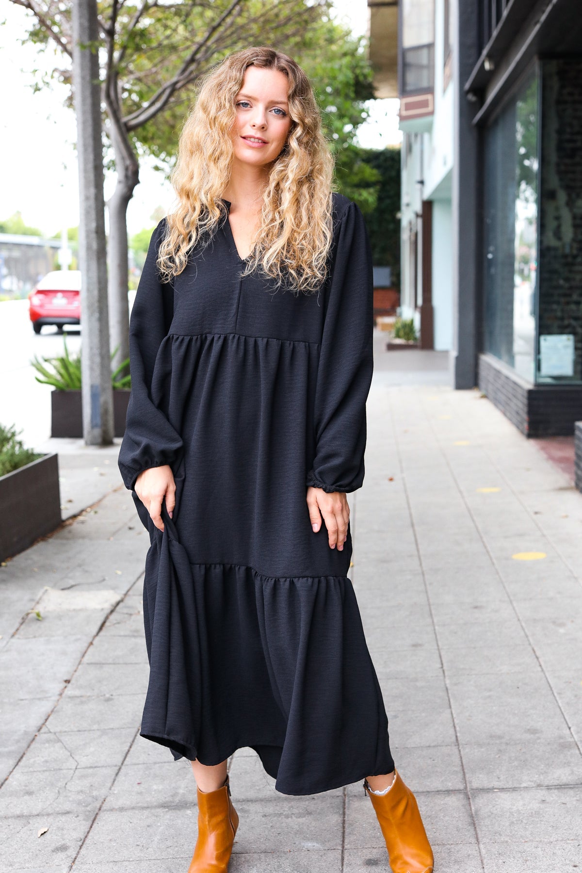 Elegant Black Notched Neck Frill Hem Tiered Maxi Dress for Women - Perfect for Weddings, Parties & Evening Events