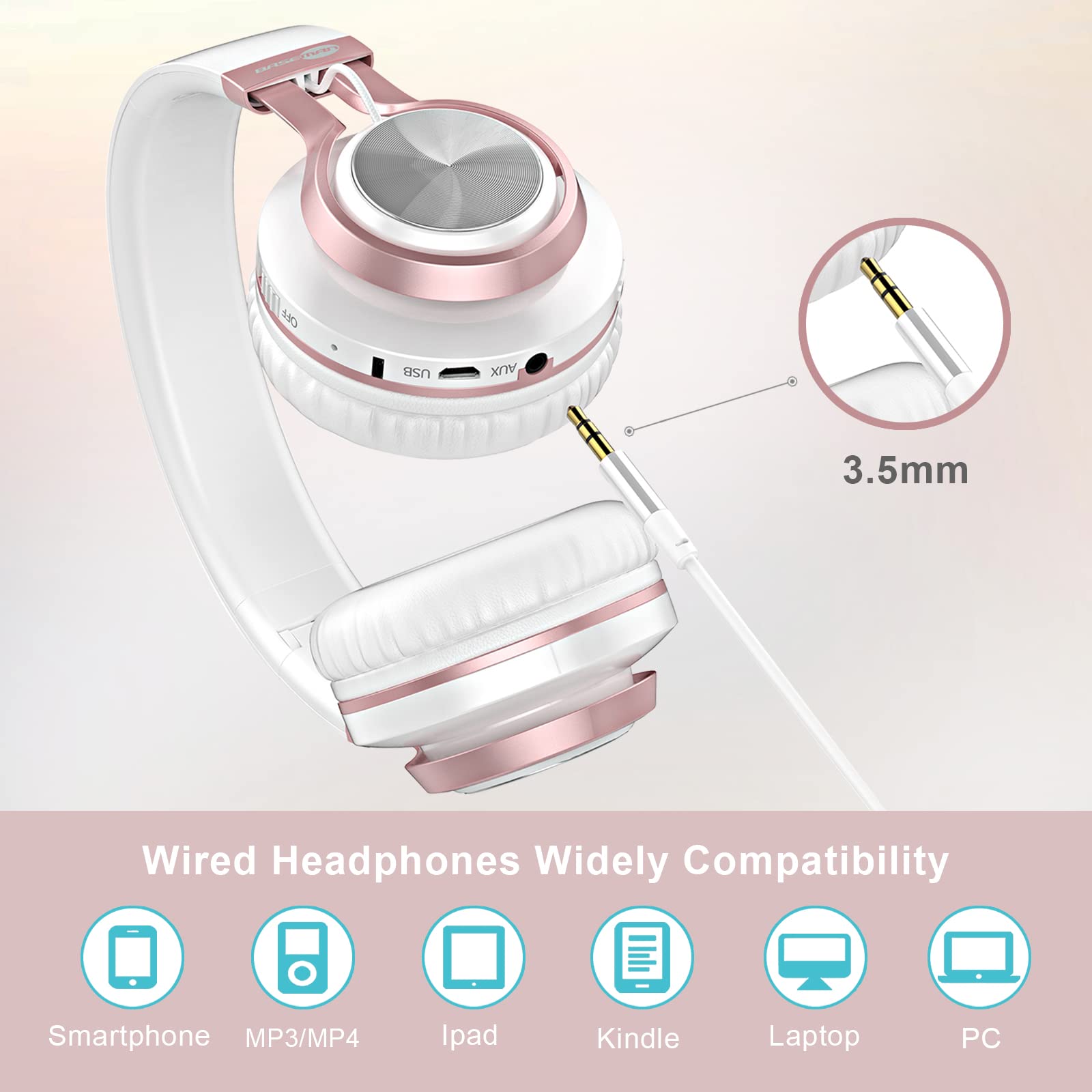 BASEMAN Wireless Over Ear Headphones with Microphone - 50H Playtime, Deep Bass Bluetooth Headphones for iPhone, Computer, Gaming, Travel - Comfortable Noise Cancelling Headset for Women, Teens (White Rose Gold) - Perfect for School, Commuting & Work from Home