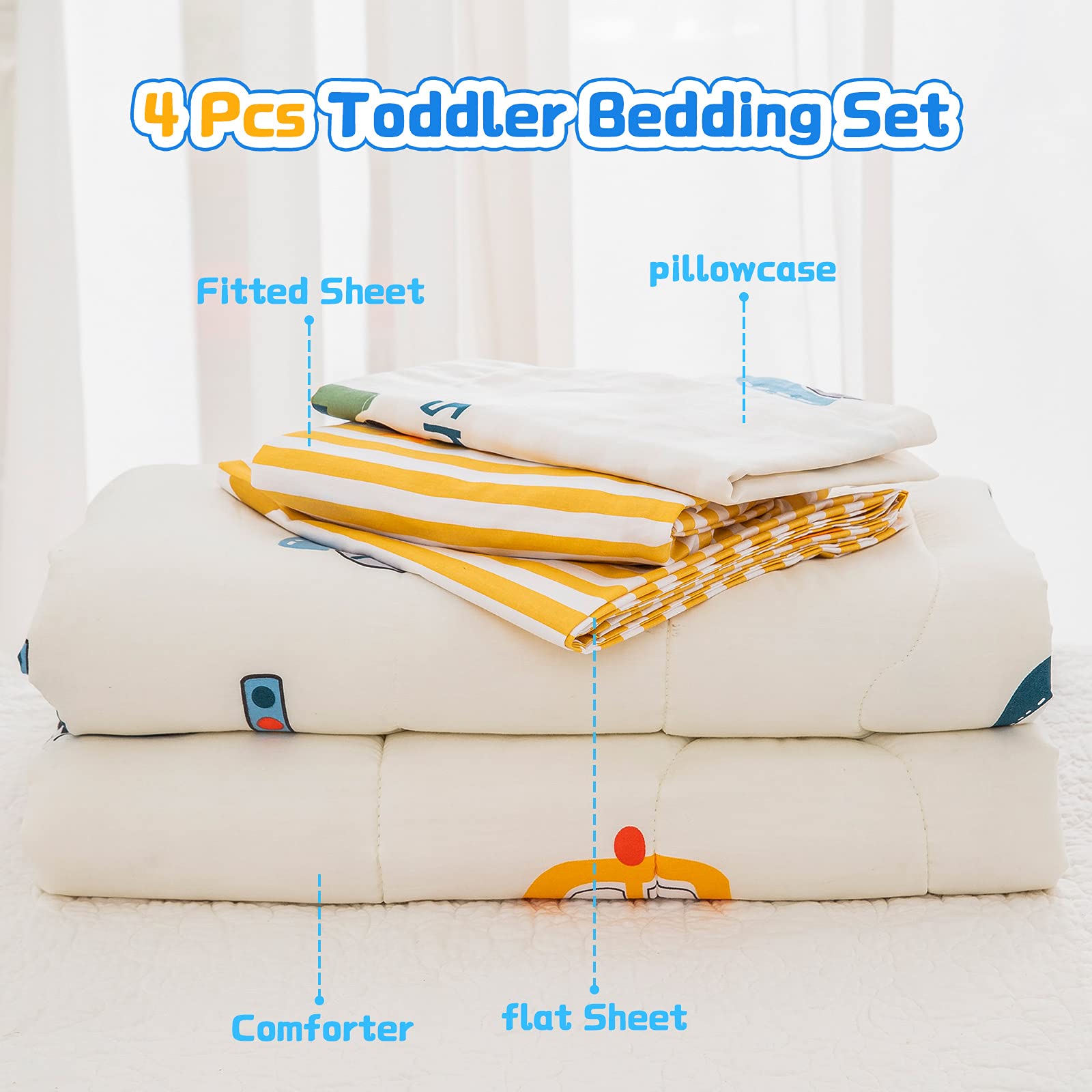 WONGS BEDDING Cars Toddler Bedding Set - 100% Cotton Soft Reversible Crib Bedding for Boys & Girls (4-Piece Set with Comforter, Flat Sheet, Fitted Sheet & Pillowcase) - Perfect for Nursery, Daycare & Toddler Rooms