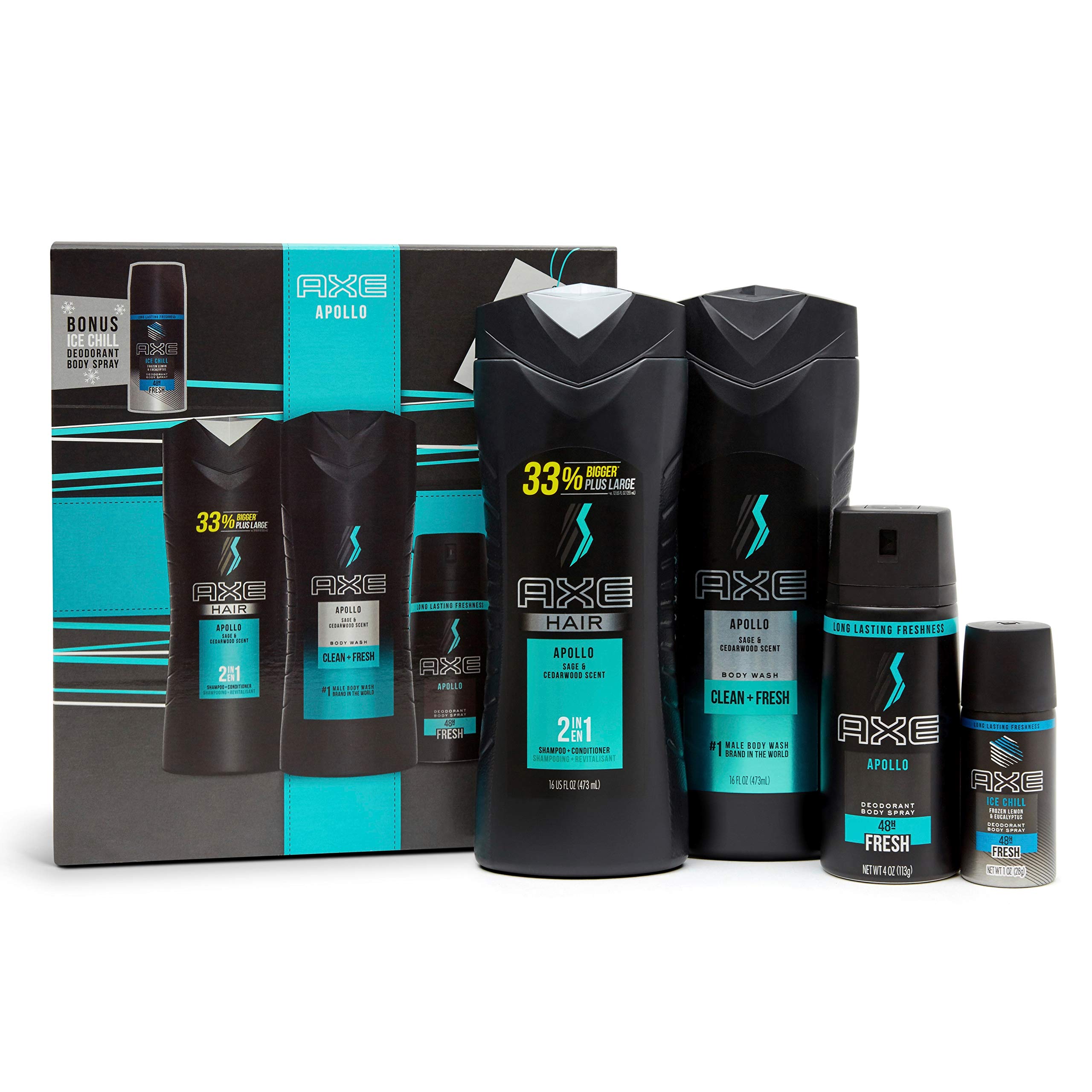 AXE Apollo 4-Piece Men's Grooming Gift Set - Body Spray, Shower Gel, 2-in-1 Shampoo & Conditioner, Deodorant | Fresh Ice Chill Scent | Perfect for Holidays, Birthdays & Self-Care Routines