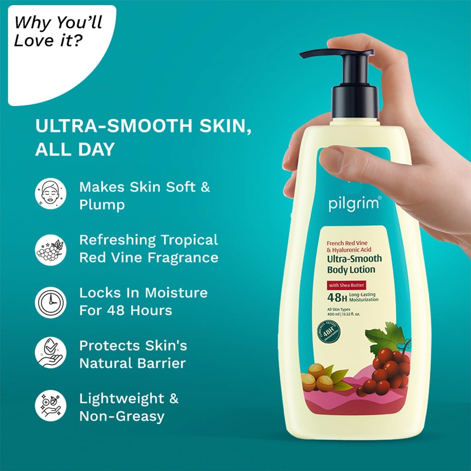 Pilgrim French Red Vine & Hyaluronic Acid Ultra Smooth Body Lotion 400ml - 48H Deep Moisturizing Cream for Dry Skin in Winter - Shea Butter Enriched Hydrating Lotion for All Skin Types | Daily Skincare Routine & Post-Shower Moisturizer