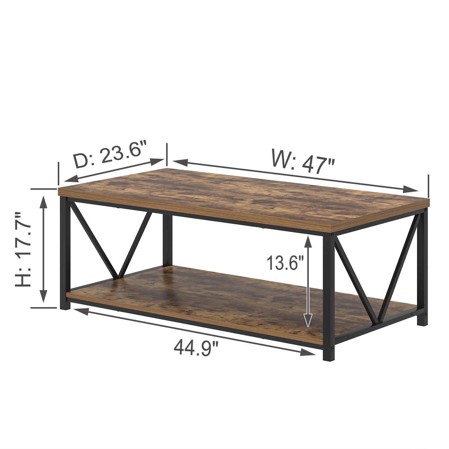 EXCEFUR Modern Coffee Table - Rustic Wood & Metal Living Room Table with Storage Shelf, Industrial Rectangle Center Table, 47 Inch Brown - Perfect for Small Spaces, Apartments & Farmhouse Decor