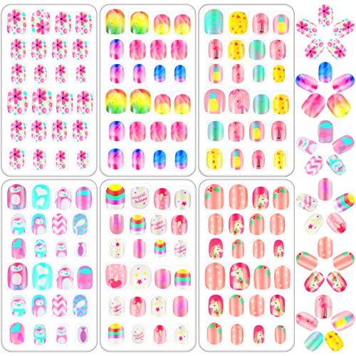 144 Pieces Unicorn Press on Nails for Kids - Pre Glued Fake Nails with Rainbow Colors, Short False Nail Tips Set for Girls - Perfect for Christmas, Birthday Parties & Nail Art Decoration