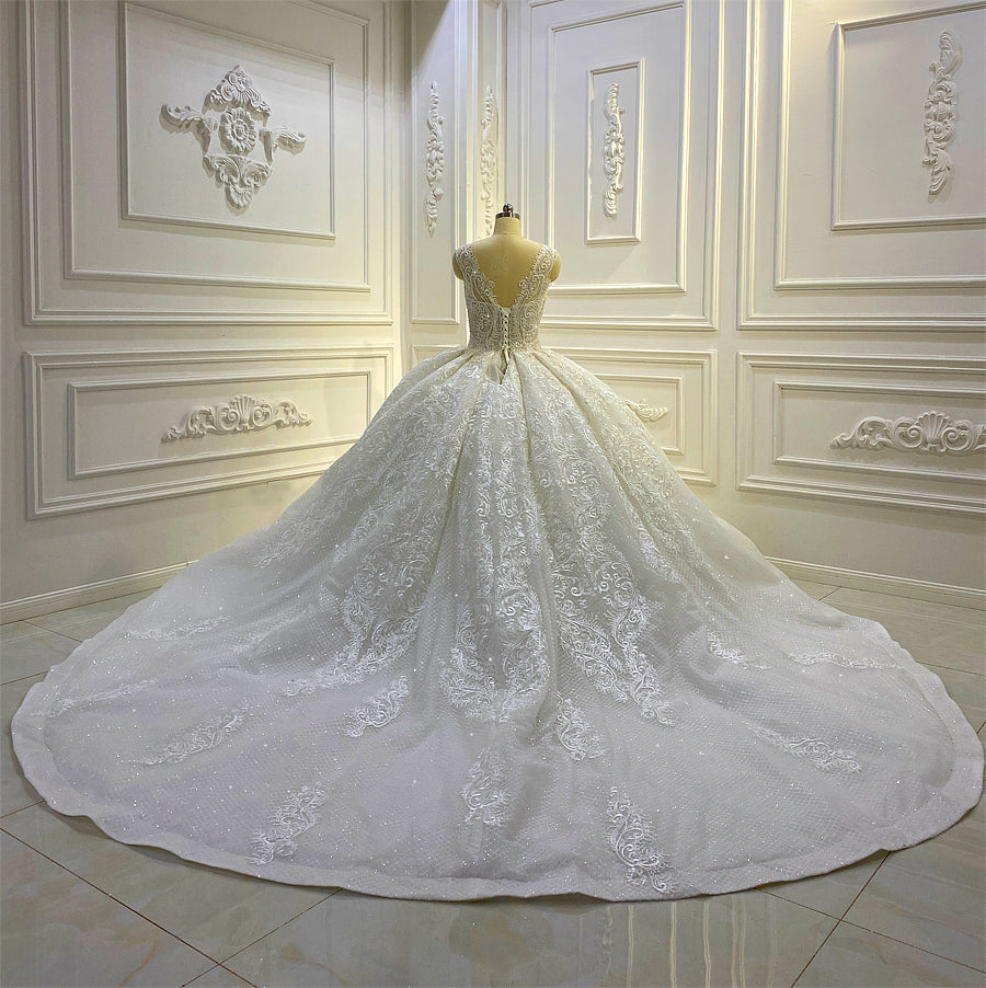 Elegant Cap Sleeve Lace Applique Ball Gown Wedding Dress AM846 – Perfect for Evening Galas, Bridal Showers & Formal Occasions
