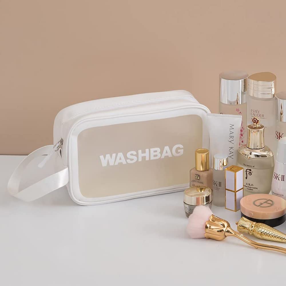 **Flywind Clear Toiletry Bag - Waterproof PVC Cosmetic Travel Organizer with Zipper for Women & Men (White, Medium) - Perfect for Travel, Gym, and Makeup Storage**