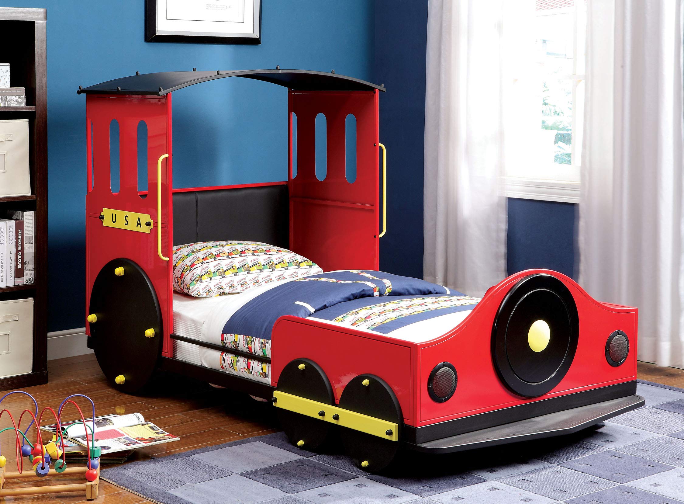 Alleny Train Twin Bed by Furniture of America - Kids Themed Bedroom Furniture for Boys & Girls - Perfect for Train Lovers' Bedrooms, Playrooms & Themed Decor