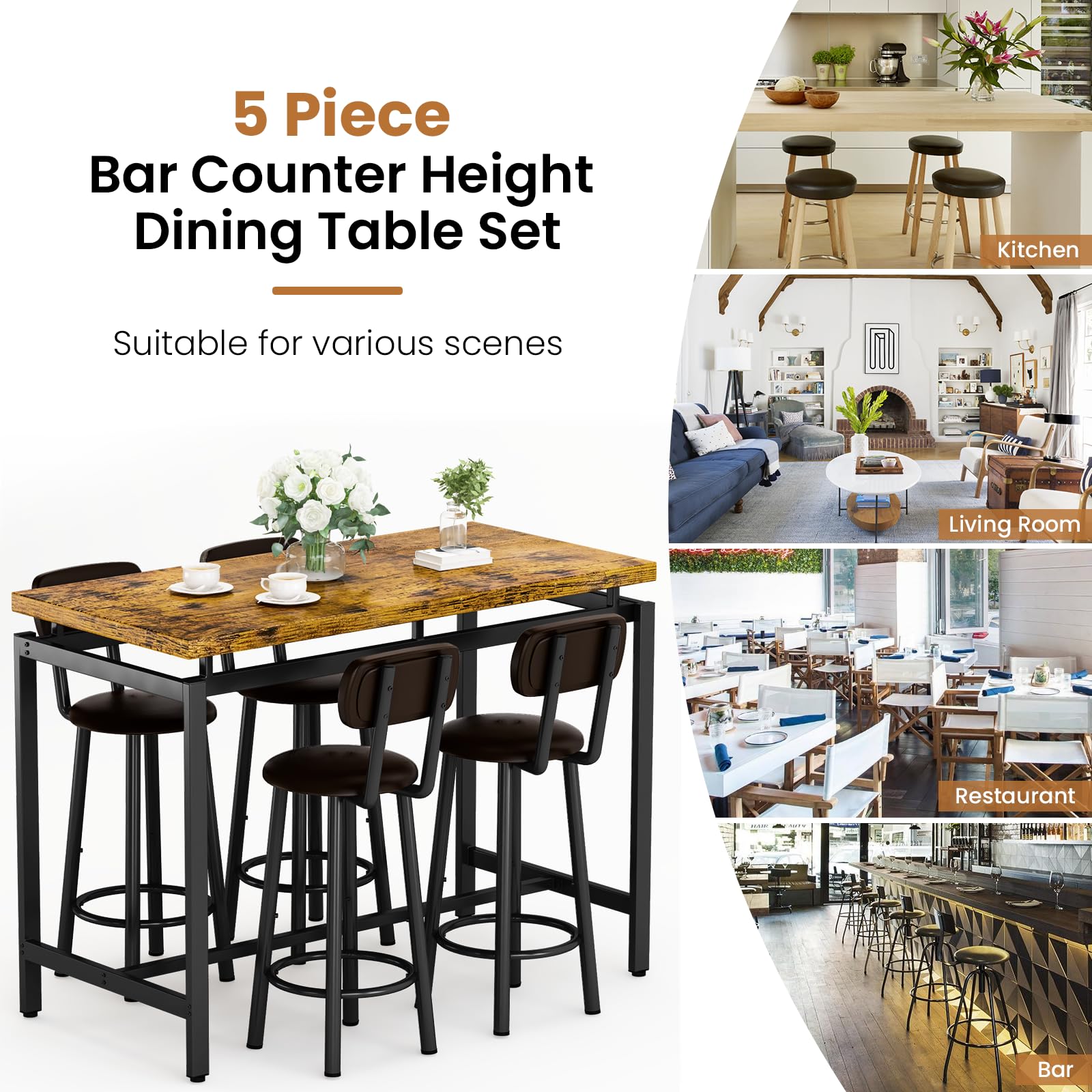 Recaceik 4-Piece Counter Height Dining Table Set with PU Leather Stools - Modern Kitchen & Breakfast Table for Small Spaces, Apartments, and Home Bars | Perfect for Entertaining, Casual Meals, and Compact Living Areas