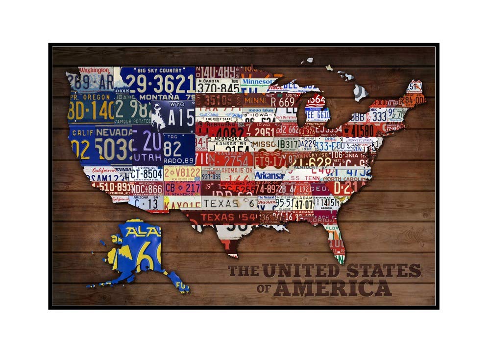 Americana License Plate Map - 18x12 Stretched Canvas Wall Art in Wooden Frame - USA Road Trip Decor for Home, Office & Man Cave