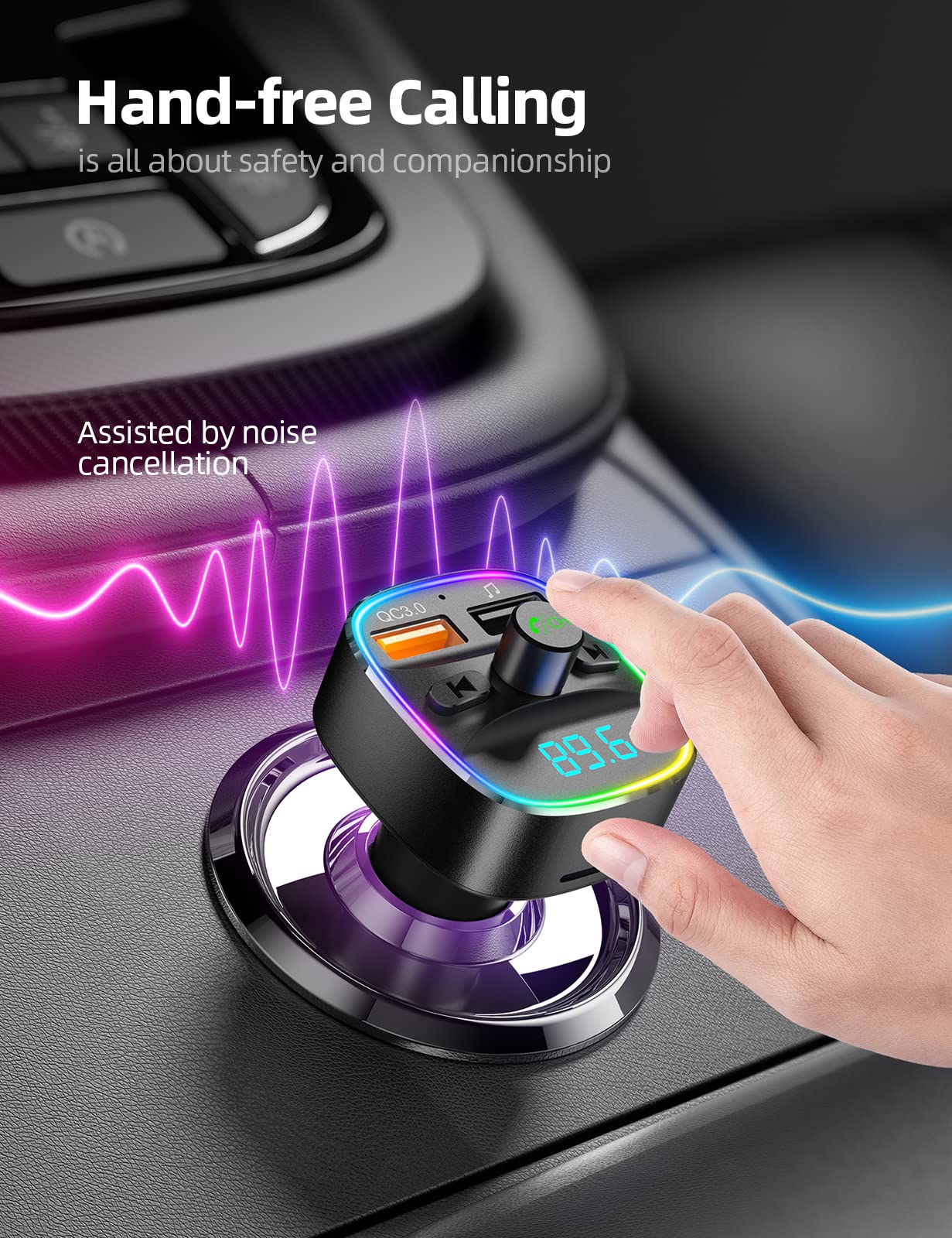 Nulaxy NX10 Bluetooth FM Transmitter for Car - Wireless Car Adapter with Dual USB Charger, MP3 Player, Hands-Free Calling, TF/USB Support & 7-Color LED Backlit - Perfect for Road Trips & Commuting