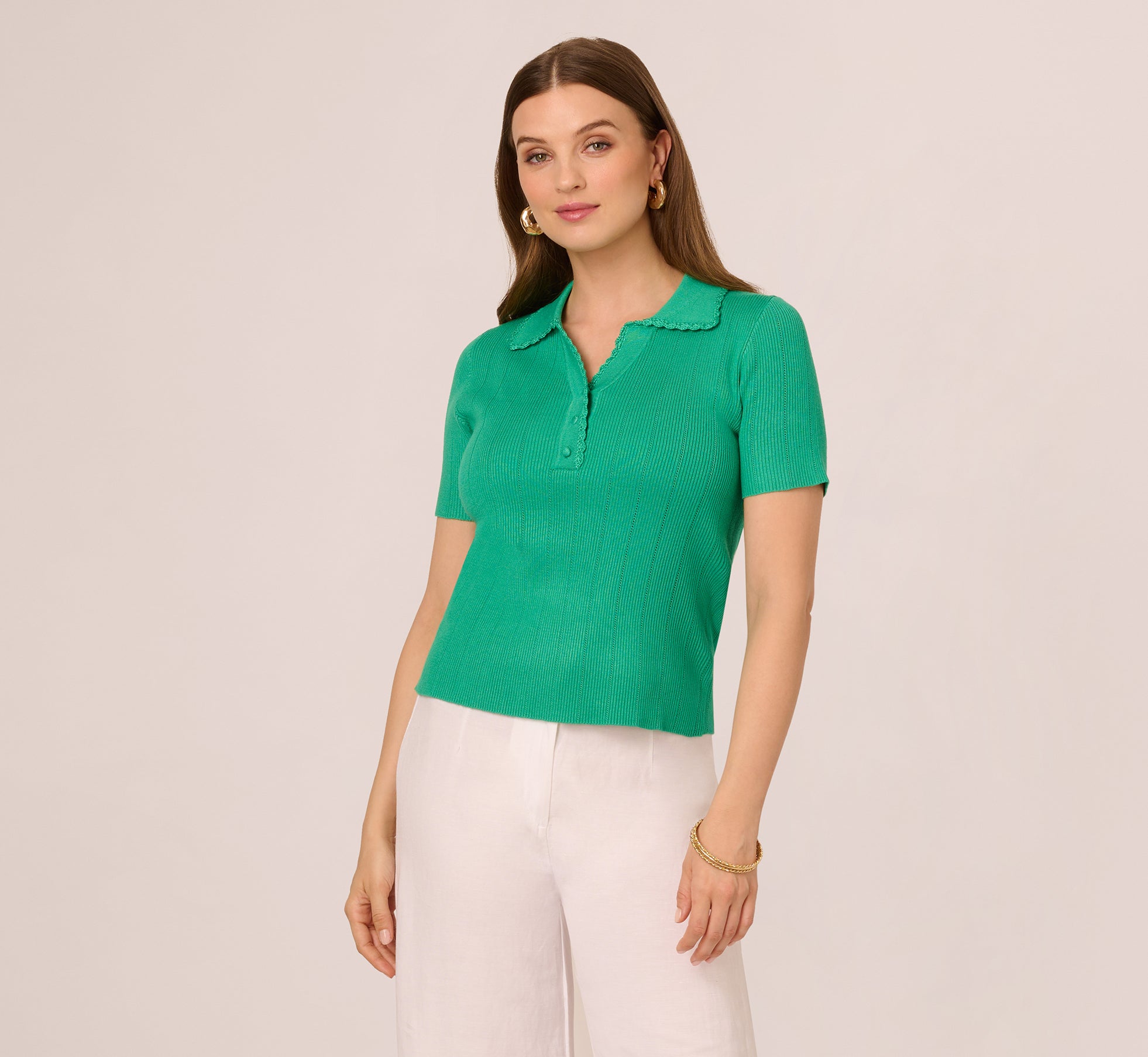 Short Sleeve Ribbed Pointelle Polo Top for Women - Simply Green Casual Shirt | Perfect for Summer Outfits, Office Wear & Weekend Brunch