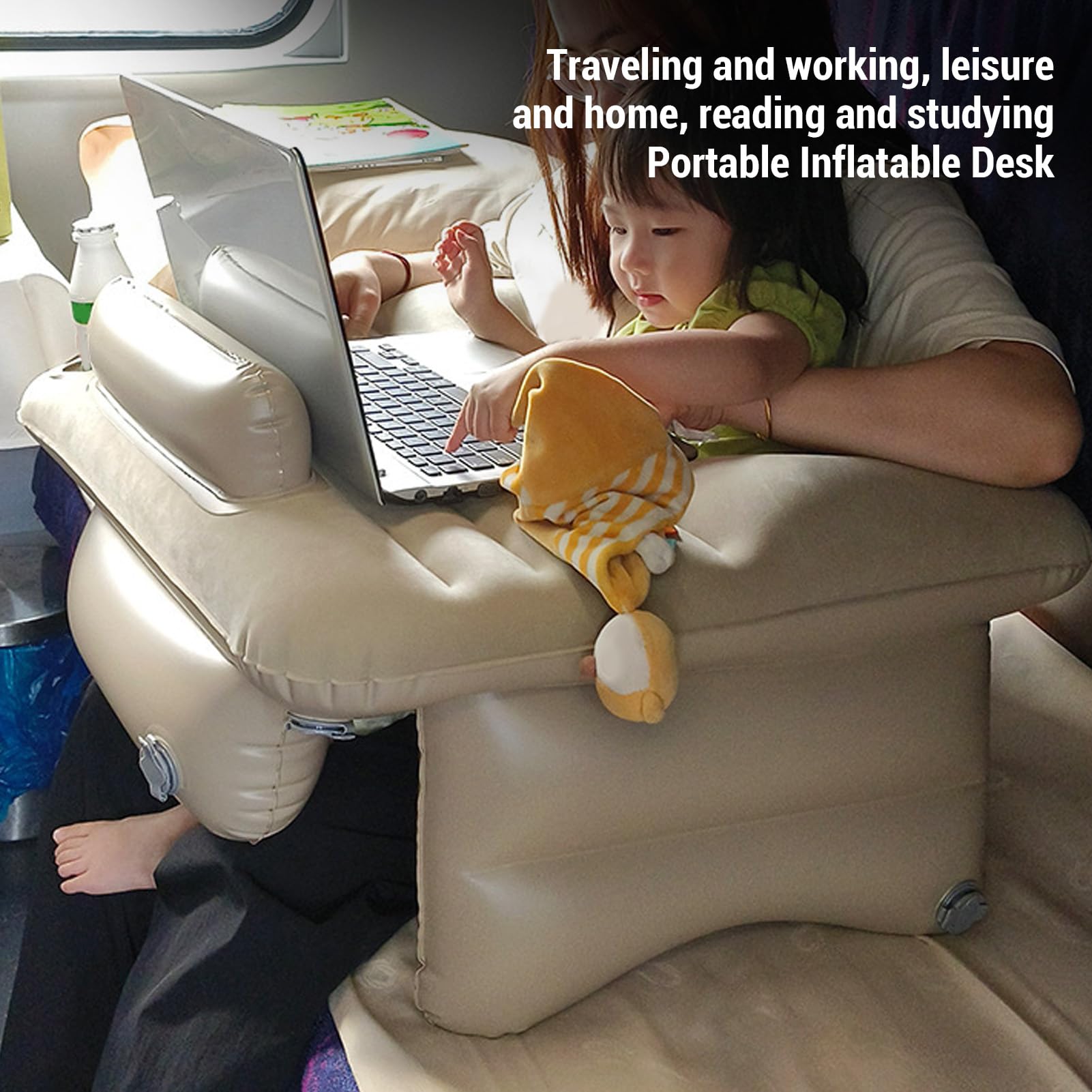 Yosoo Inflatable Reading Lap Pillow - Portable Flocking Lap Desk for Comfortable Reading, Gaming & Working on Bed, Couch or Floor - Beige (Perfect for Students, Book Lovers & Remote Workers)