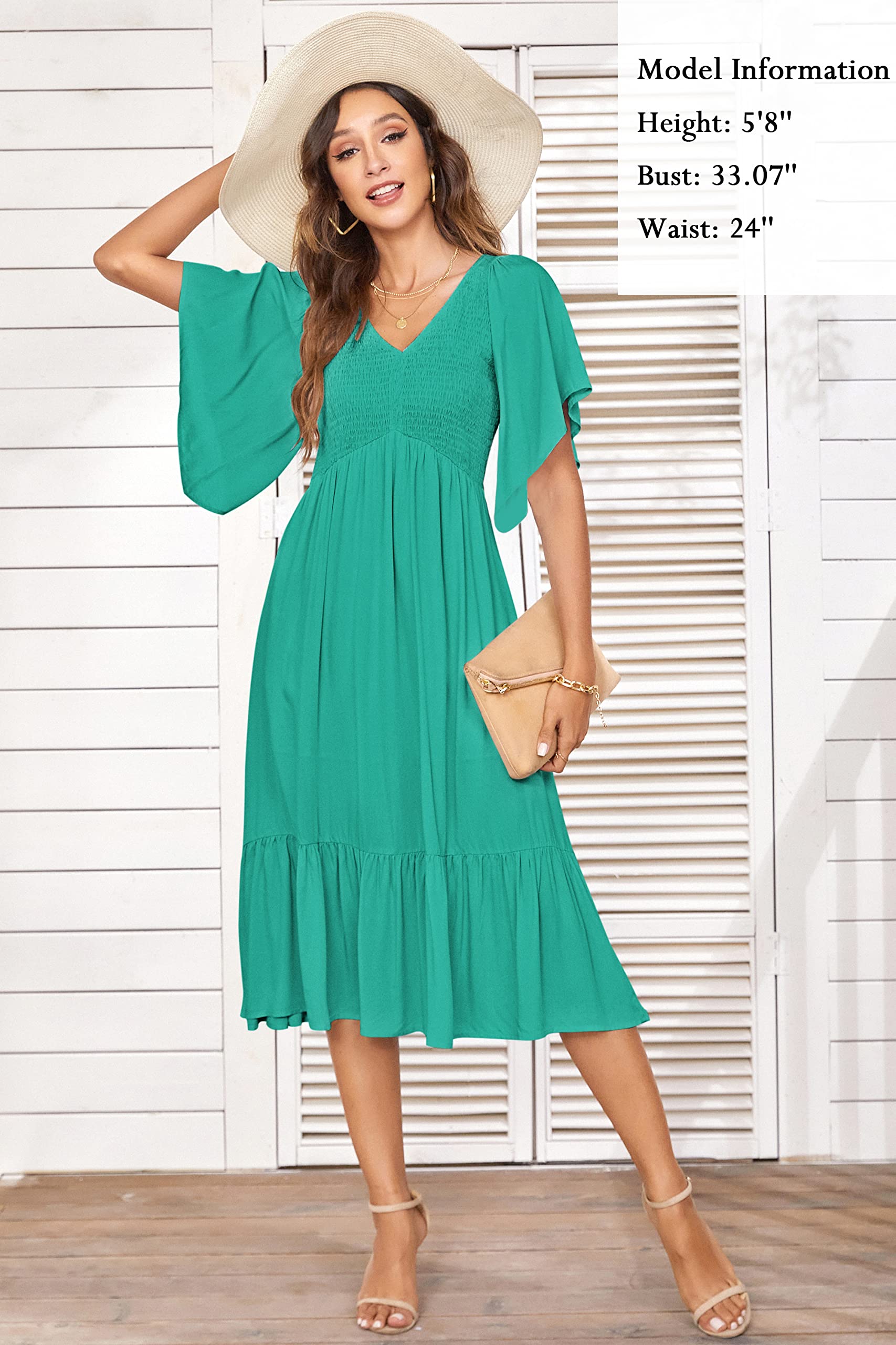 PYGFEMR Women's Summer Floral Print Empire Waist Dress - Smocked Flutter Short Sleeve V-Neck Midi Dress for Beach, Vacation & Casual Wear