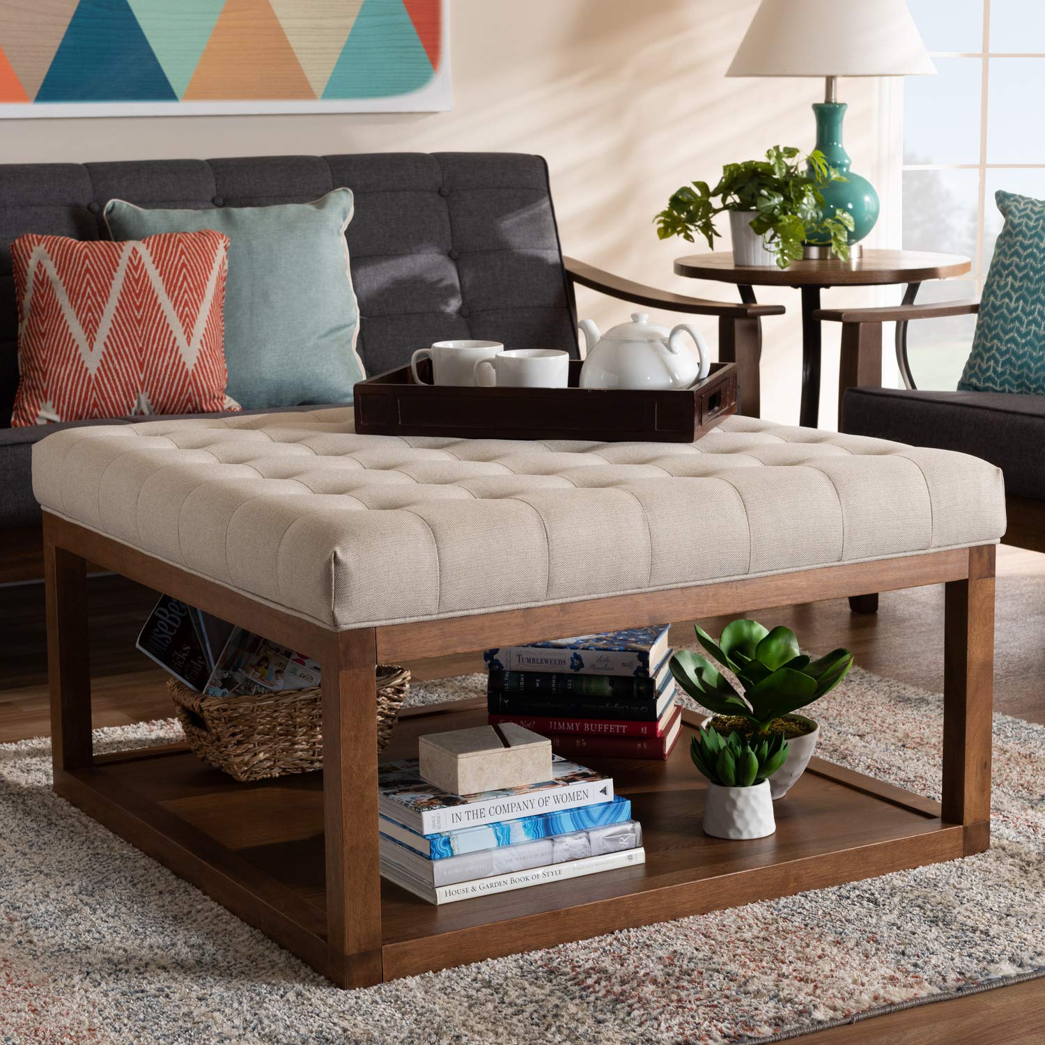 Baxton Studio Alvere Modern Beige Fabric Upholstered Walnut Cocktail Ottoman - Contemporary Living Room Furniture for Home Decor & Coffee Table Alternative