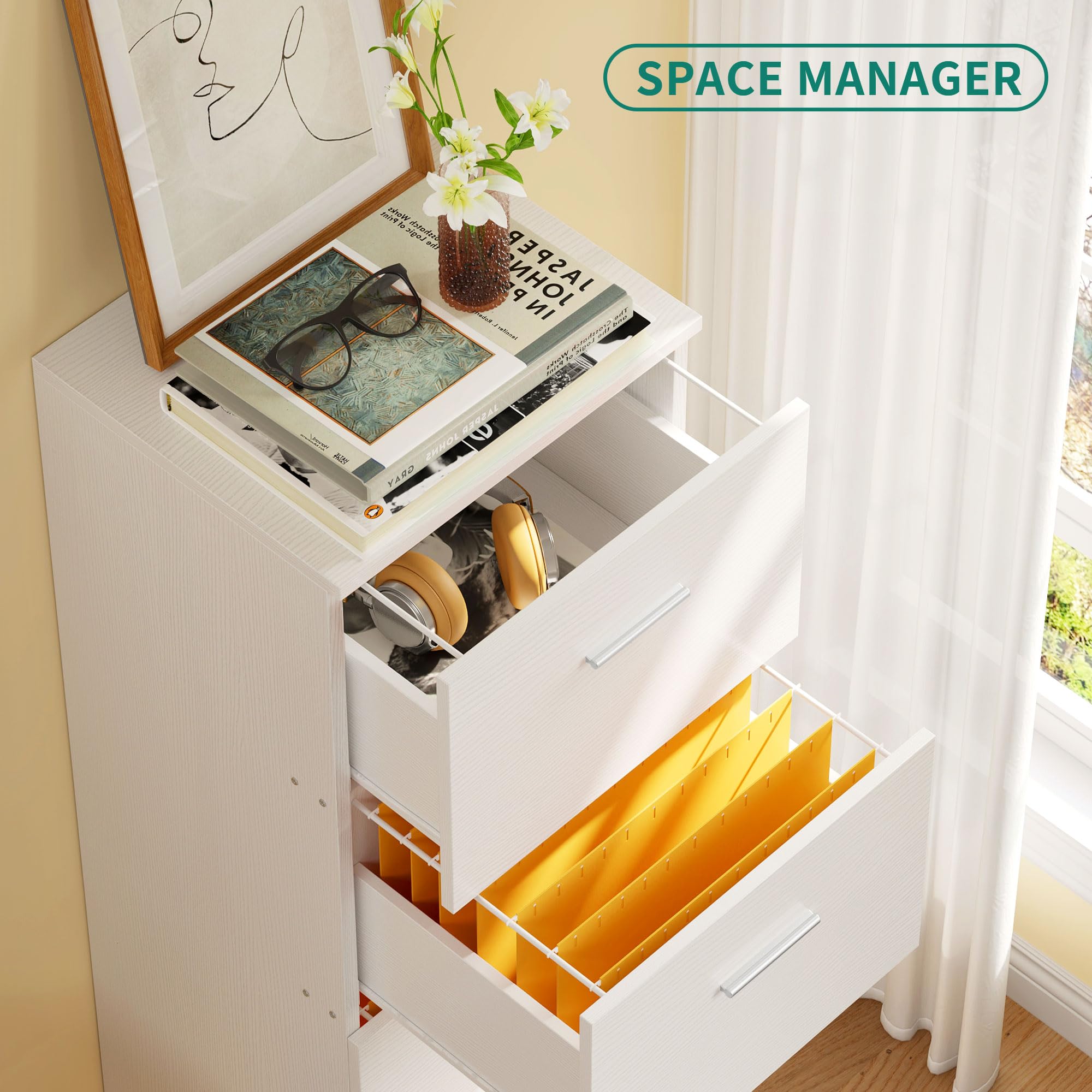 DWVO 4-Drawer File Cabinet with Lock - Letter & A4 Size Metal Filing Cabinet, Heavy Duty Office Storage, White - Perfect for Home Office, School, or Business Organization
