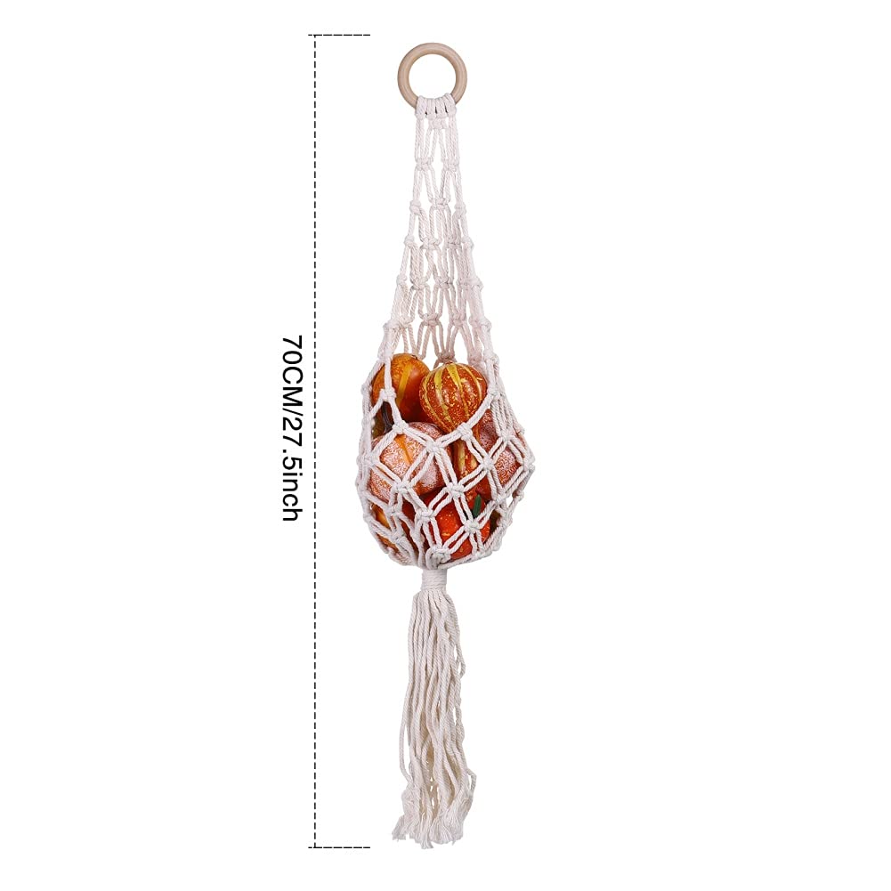 Macrame Hanging Basket for Fruits & Vegetables - Cotton Boho Wall Hanging Produce Holder, Banana Hammock, Kitchen Counter Space Saver - Perfect for Organizing Fresh Produce in Small Kitchens, Balconies or Boho Home Decor (White)