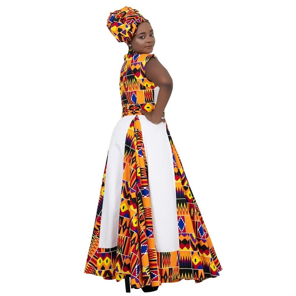 African Dresses for Women - Long Ankara Kente Print Skirt with Matching Scarf | Traditional African Fashion for Casual Wear, Parties & Cultural Events