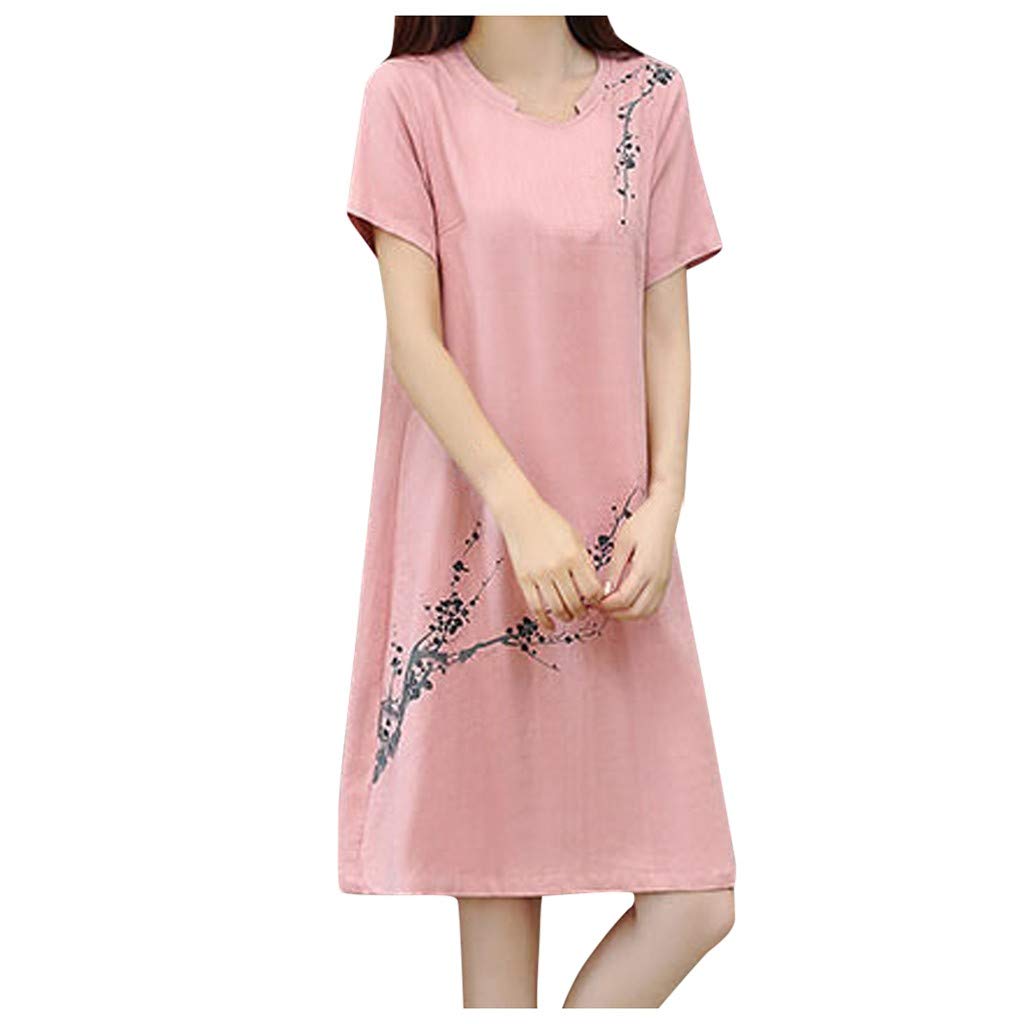 WOCACHI Women's Striped Floral Summer Dress - Short Sleeve Mid-Calf Business & Beach Dress for Office, Vacation & Casual Outings