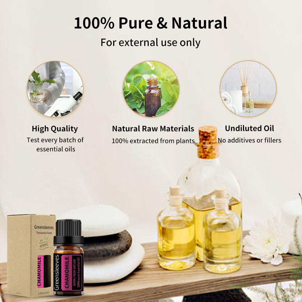 GREENSLEEVES 100% Pure Chamomile Essential Oil 10ml - Undiluted Aromatherapy Oil for Relaxation, Sleep & Stress Relief | Perfect for Diffusers, Massage & DIY Skincare