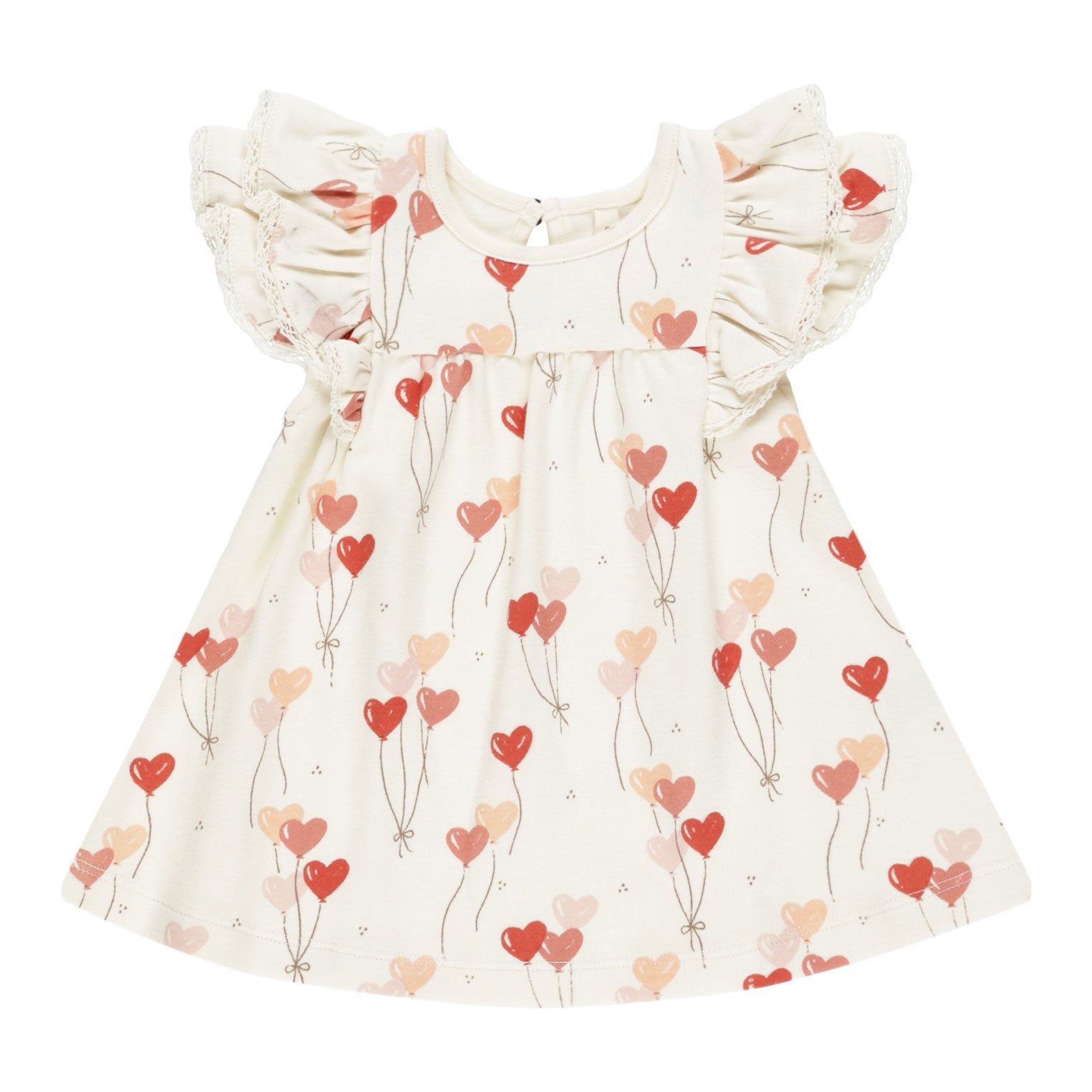 Elegant Flutter Sleeve Dress with Heart Balloons Print in Ivory - Perfect for Weddings, Parties & Special Occasions
