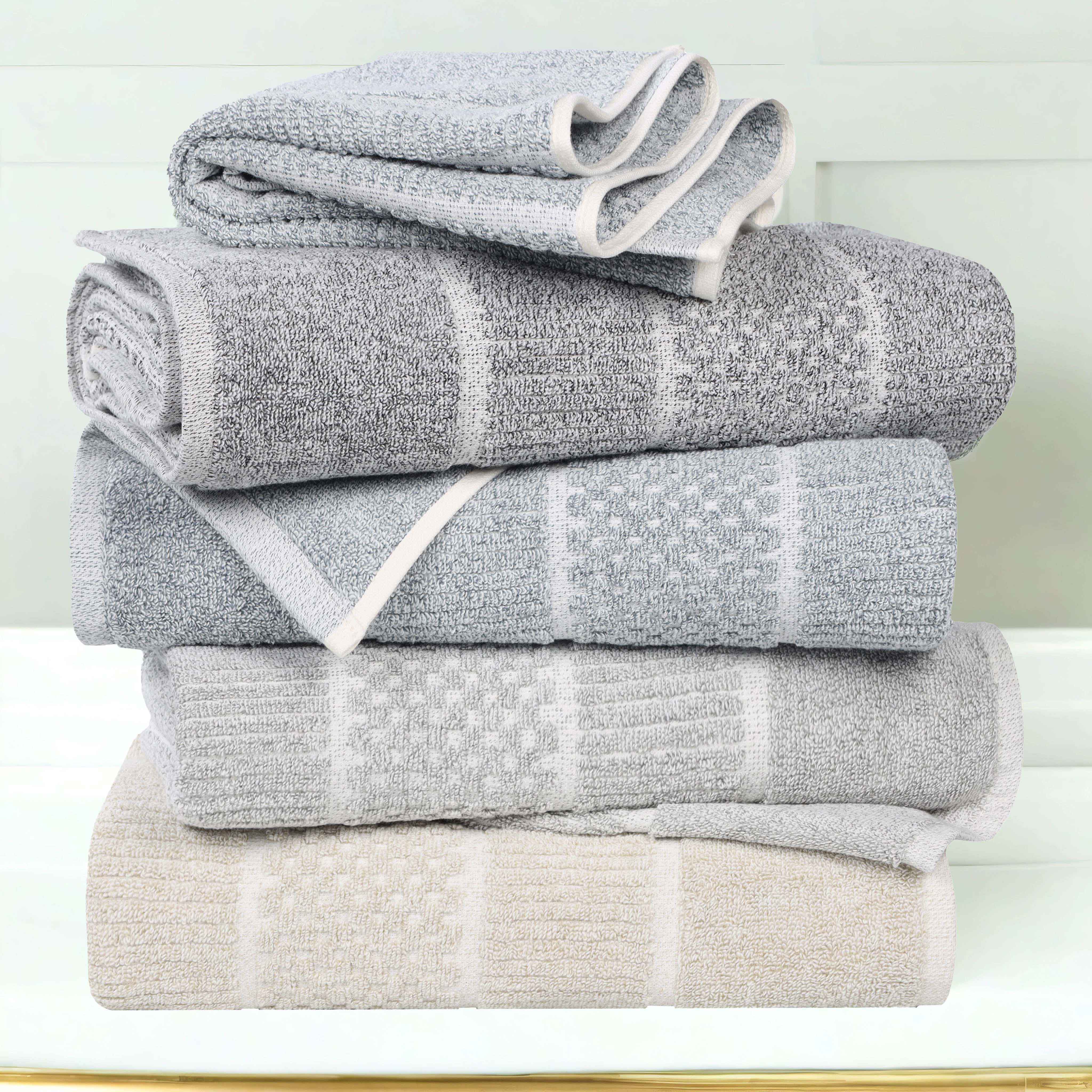 Premium Cotton Blend Checkered and Ribbed Hand Towels Set of 6 - Soft Absorbent Bath & Kitchen Towels for Guest Bathroom, Powder Room, and Spa Use