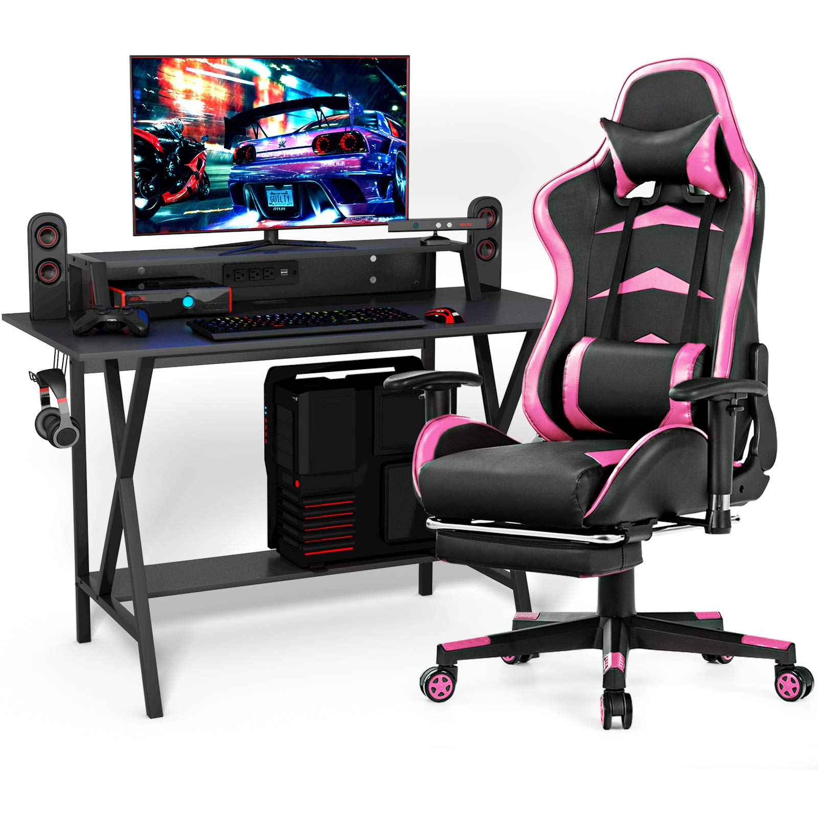 Tangkula Gaming Desk and Racing Chair Set - Ergonomic E-Sport Gamer Desk with Monitor Stand & Reclining Gaming Chair with Adjustable Height, Cup Holder, Headphone Hook - Perfect for PC Gaming Setup, Streaming Station, and Home Office Workspace