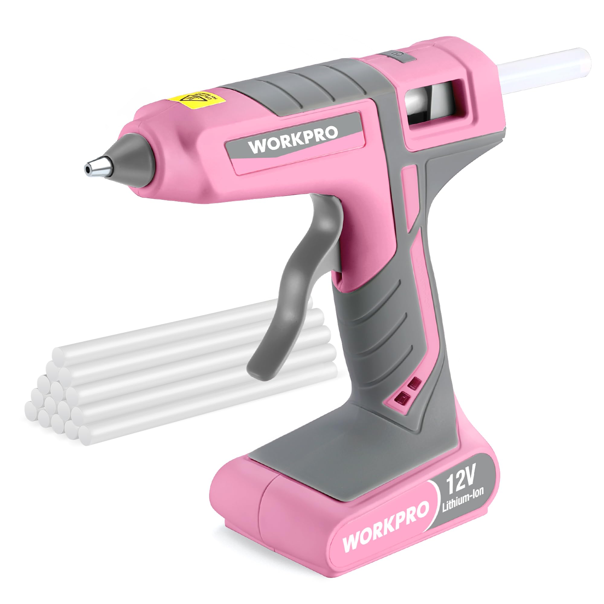 WORKPRO 12V Rechargeable Cordless Hot Melt Glue Gun Kit - Fast Heating with 15 Full Size Glue Sticks, Auto Power-off for DIY, Arts & Crafts, Home Repairs, School Projects - Pink Ribbon Design