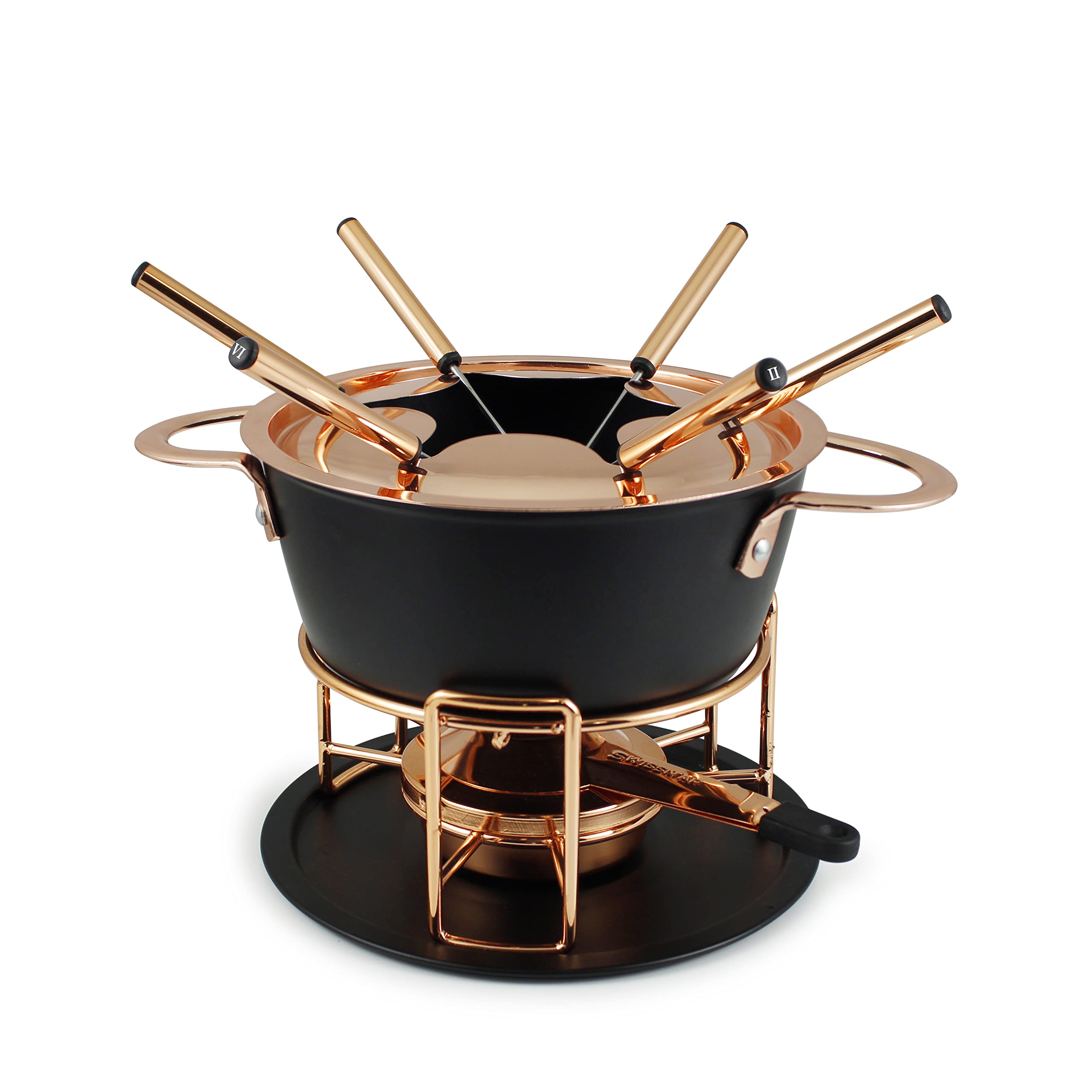 Swissmar 11-Piece Cast Aluminum Fondue Set with Forks - Black & Copper | Perfect for Cheese, Chocolate & Meat Fondue Parties | Elegant Entertaining & Family Gatherings