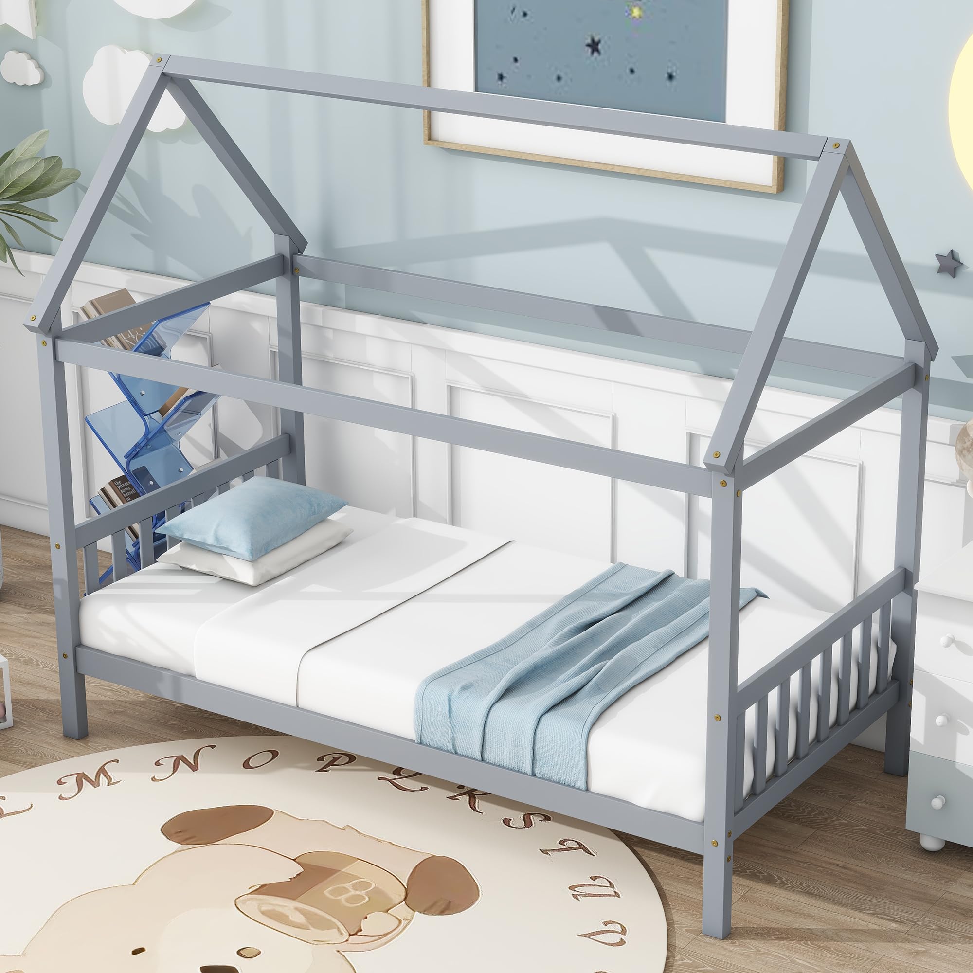 Montessori Twin Size Wooden House Bed Frame with Slats for Kids - Grey Floor Bed for Boys & Girls - Perfect for Bedrooms, Playrooms & Montessori Learning Spaces