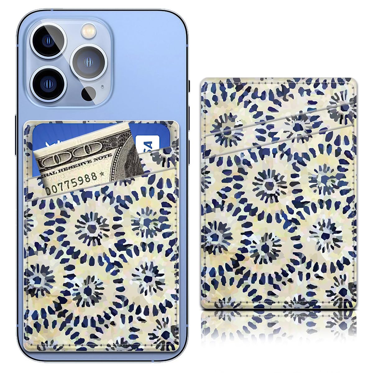 Stick-On Leather Phone Card Holder with Dual Pockets - Slim Wallet Sleeve for Most Smartphones (Blue Circle) - Perfect for Hands-Free Shopping, Travel & Everyday Use