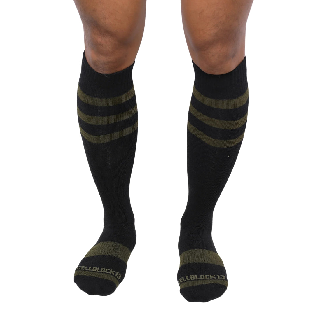 Cellblock 13 Linebacker Knee High Football Socks - Black & Army Green Compression Socks for Sports, Running & Workout - Perfect for Football Players & Athletes