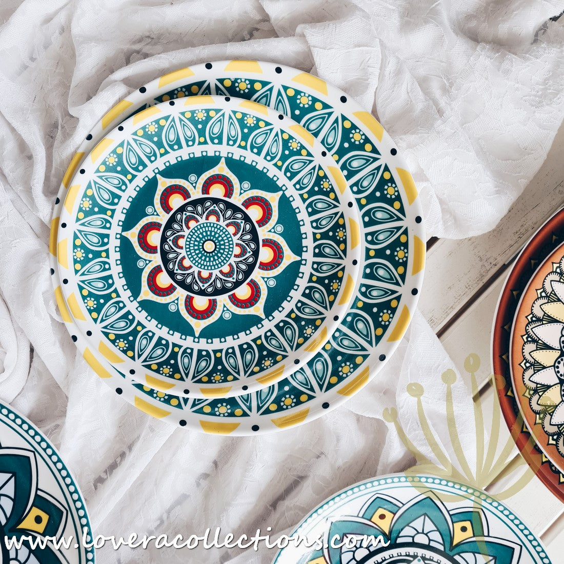 Mandala Green & White Salad Plate Set - Elegant Hand-Painted Ceramic Dinnerware for Home & Restaurant Use - Perfect for Salads, Appetizers, Desserts & Party Serving