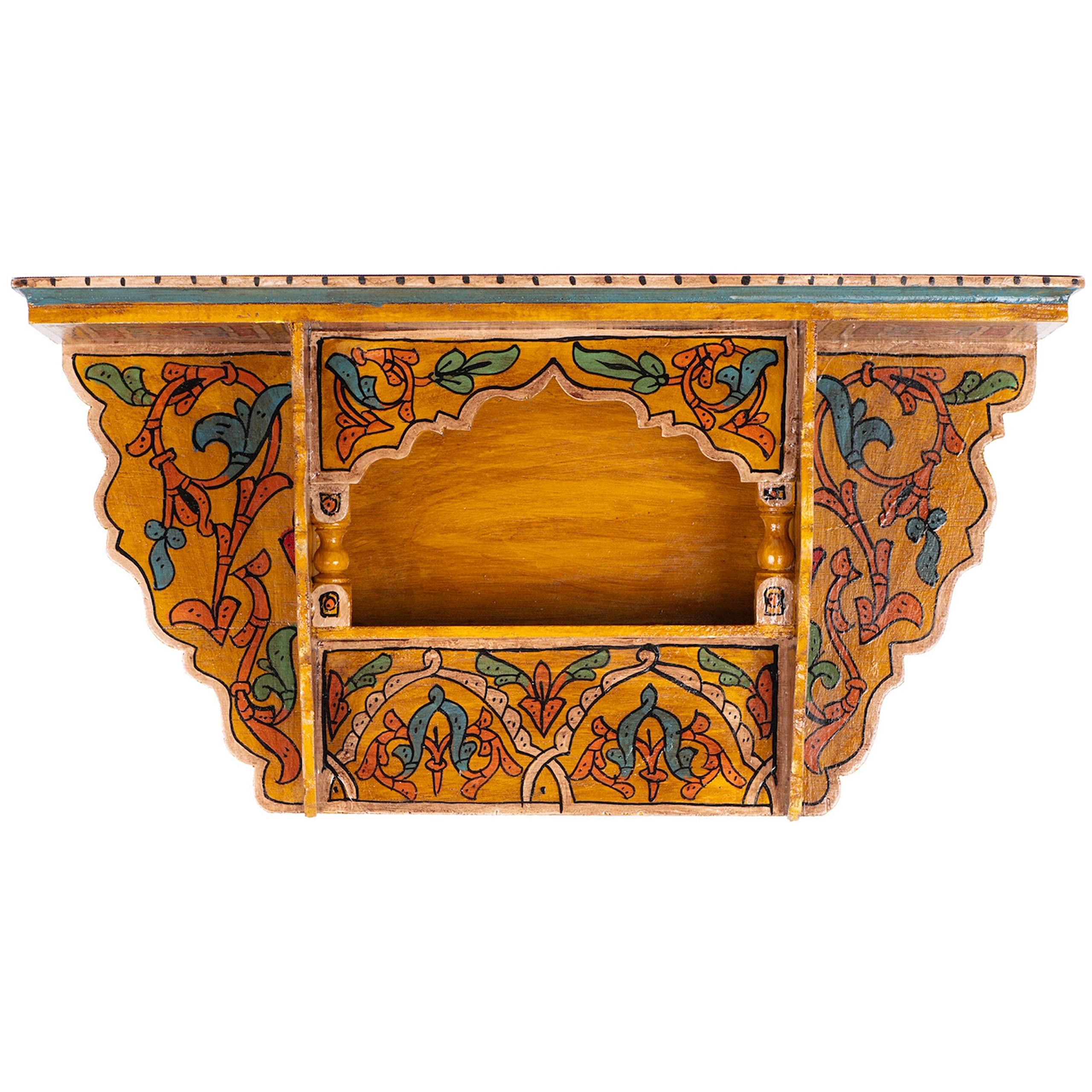 HibArt Moroccan Wooden Floating Shelves - Hand Painted Zouak Style Arabic Hanging Wall Shelf (Large, Yellow Vintage) - Perfect for Living Room, Bedroom & Bathroom Decor