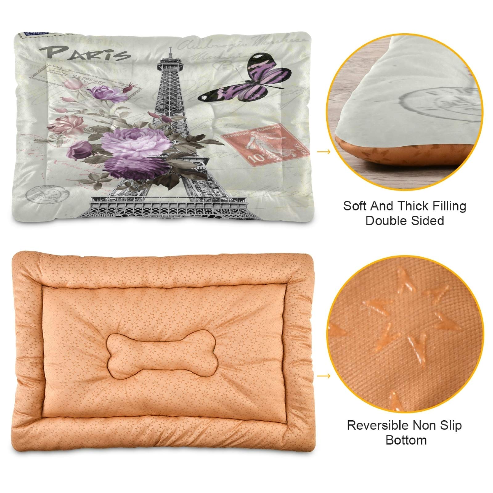 Paris Tower Butterfly Dog Bed & Cat Bed - Rectangle Ultra Soft Comfortable Pet Bed for Small, Medium & Large Dogs (36x24 Inch) - Calming Bed for Anxiety Relief, Perfect for Living Room, Bedroom & Pet Travel