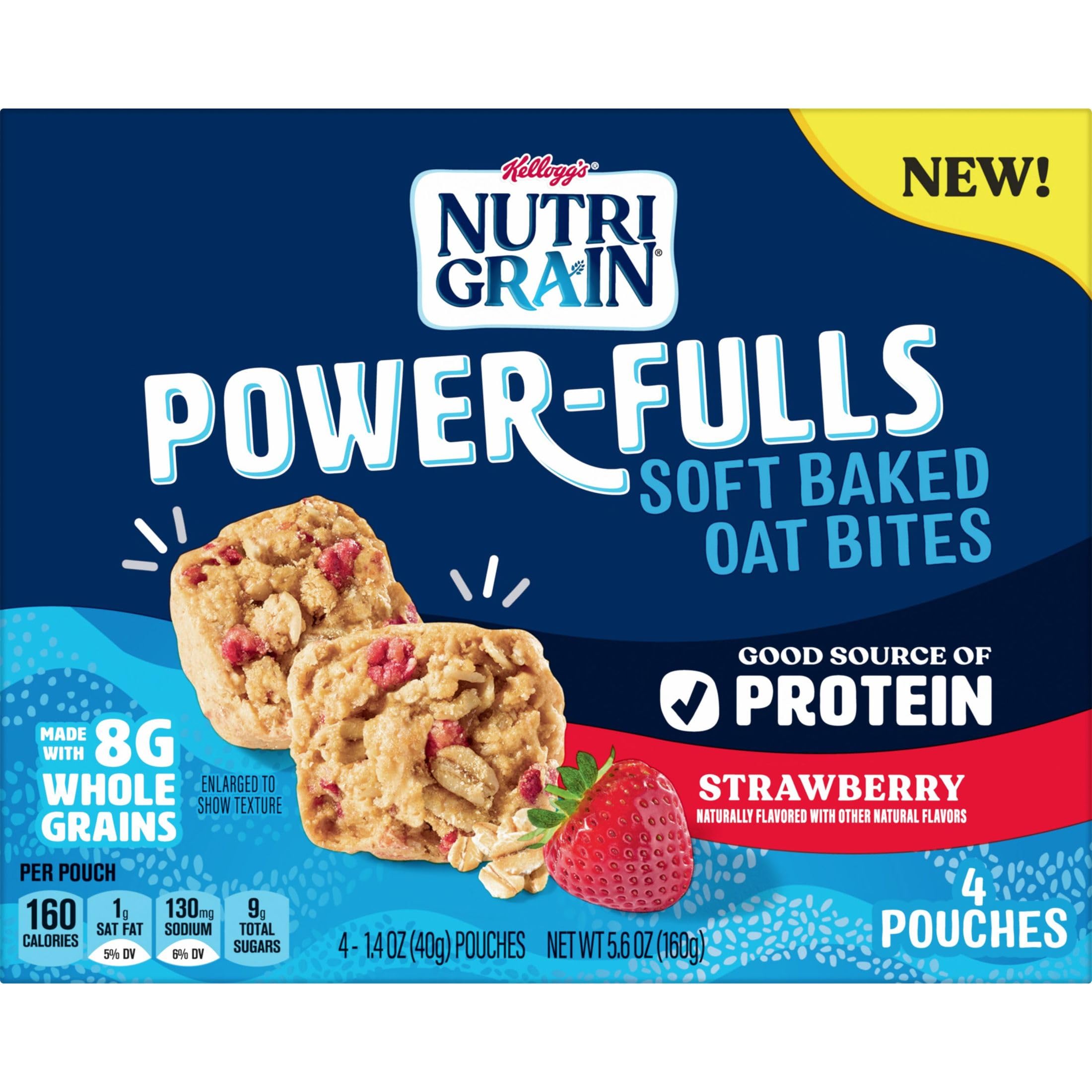 Nutri-Grain Power-Fulls Soft Baked Oat Bites - High Protein Snacks, Whole Grain Strawberry Flavor (5 Boxes, 20 Pouches) - Perfect for On-the-Go Breakfast, Office Snacks & Post-Workout Energy Boost