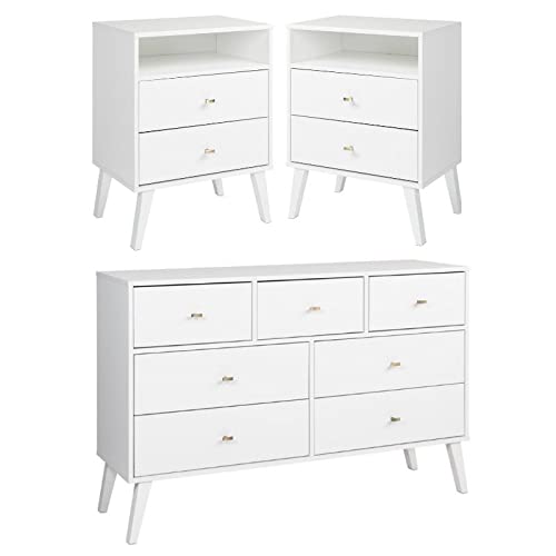 Home Square 3-Piece White Bedroom Set - 2 Tall Nightstands & 7-Drawer Dresser | Modern Bedroom Furniture for Master & Guest Rooms