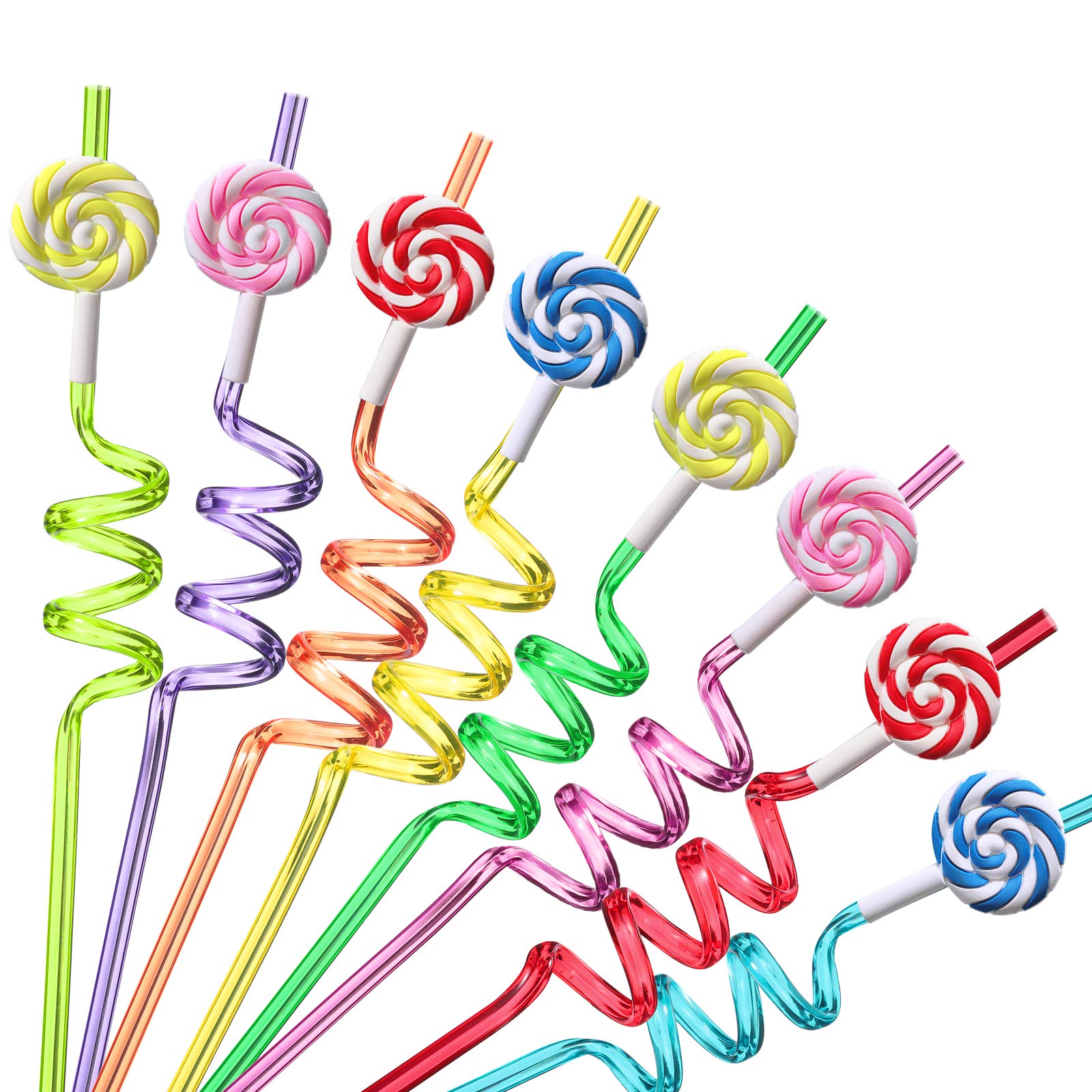 Colorful Reusable Plastic Drinking Straws for Kids - 24 Pack with 2 Cleaning Brushes | Candy Lollipop Theme Birthday Party Supplies, Baby Shower, Pool Party & Summer Celebrations