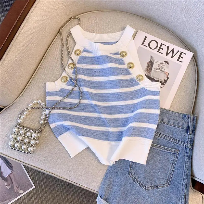 Women's Halter Slim Striped Knit Vest - Sexy Elegant Sleeveless Crop Top with Gold Buttons | Summer Streetwear Fashion | Perfect for Beach, Party & Casual Outfits