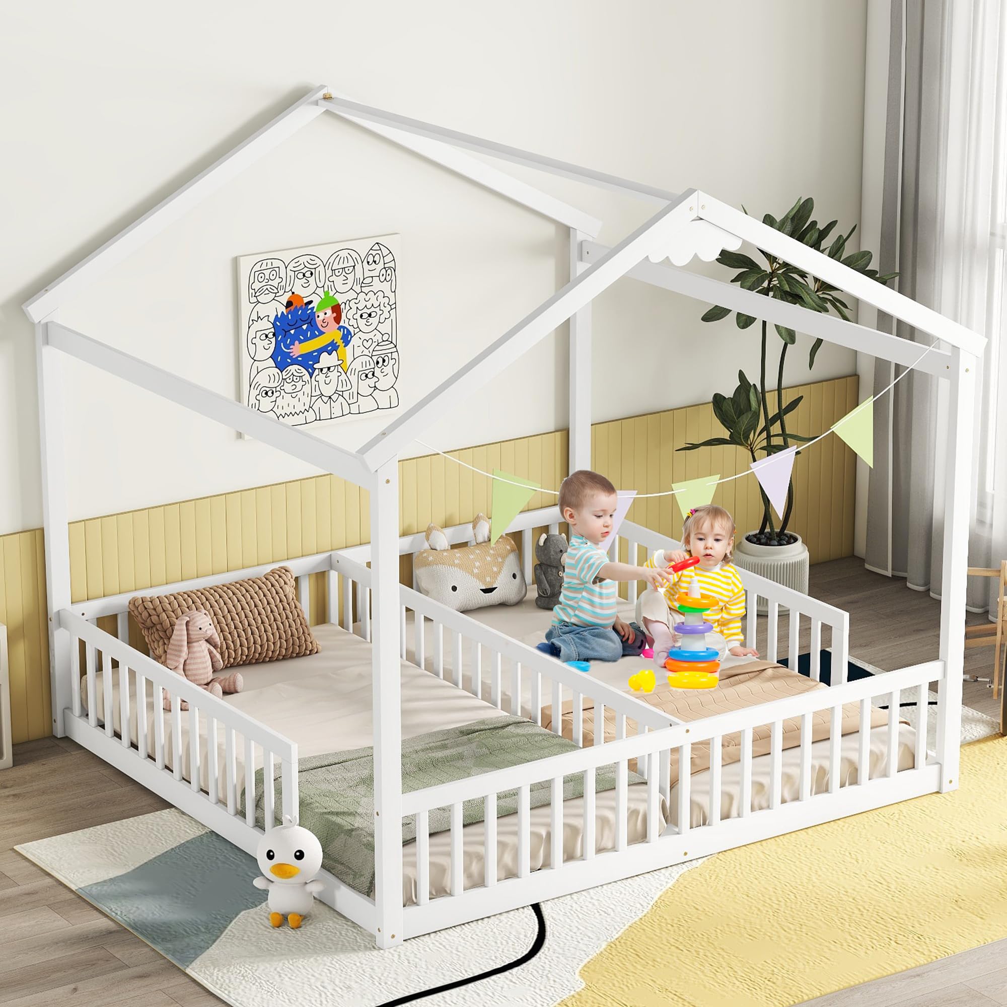 Mirightone Wooden Double House Bunk Bed for 2 Kids - Twin Floor Bed Frame with Safety Rails & Roof - Montessori Style Bunk Beds for Boys & Girls (White) - Perfect for Kids' Bedrooms, Playrooms & Small Spaces