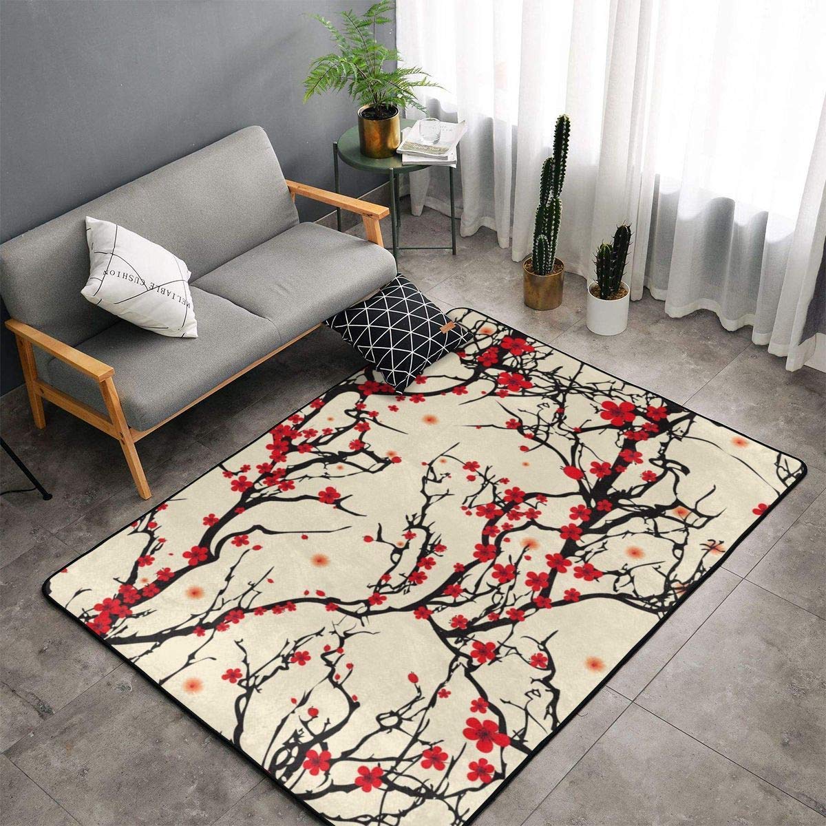 Japanese Cherry Blossom Area Rug 5x6 ft - Soft Washable Non-Slip Floor Carpet for Living Room, Bedroom, Kitchen & Home Office | Spring Floral Decor for Cozy Home & Zen Interior Design