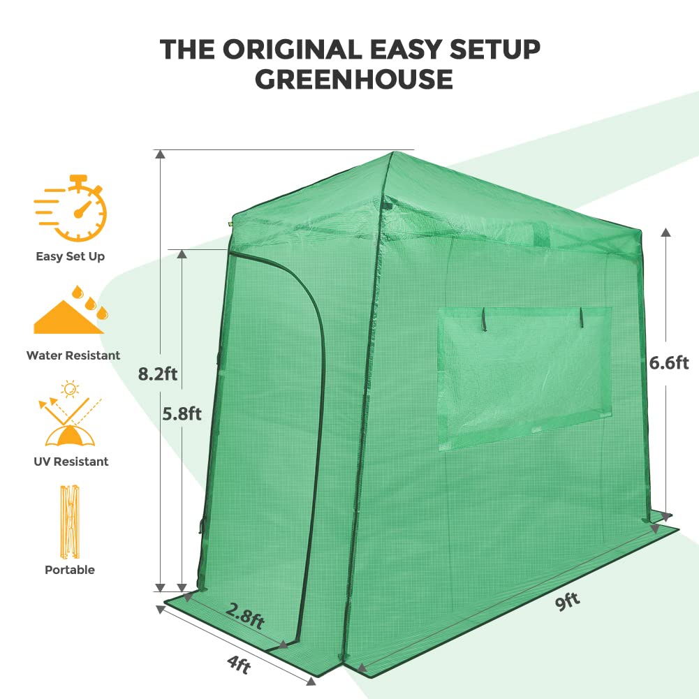 EAGLE PEAK 9x4 Lean-to Portable Walk-in Greenhouse - Pop Up Indoor Outdoor Garden Greenhouse with Zippered Doors & Windows, PE Cover (Green) - Perfect for Backyard Gardening, Plant Protection & Year-Round Growing