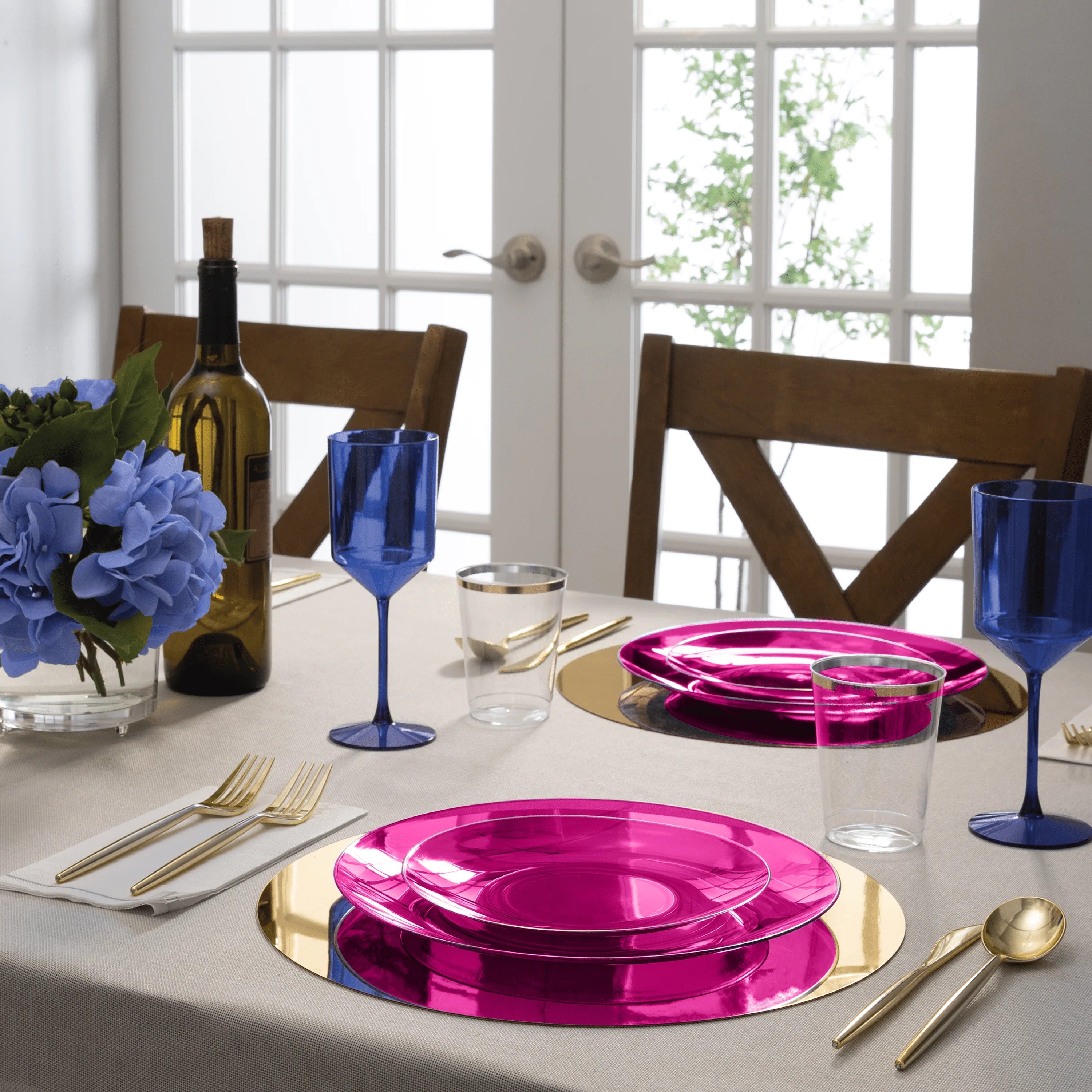 Transparent Hot Pink & Gold Rim Round Plastic Plates - 12-Pack Shatterproof Disposable Dinnerware for Parties, Weddings, Baby Showers & Outdoor Events (BPA-Free, Eco-Friendly)