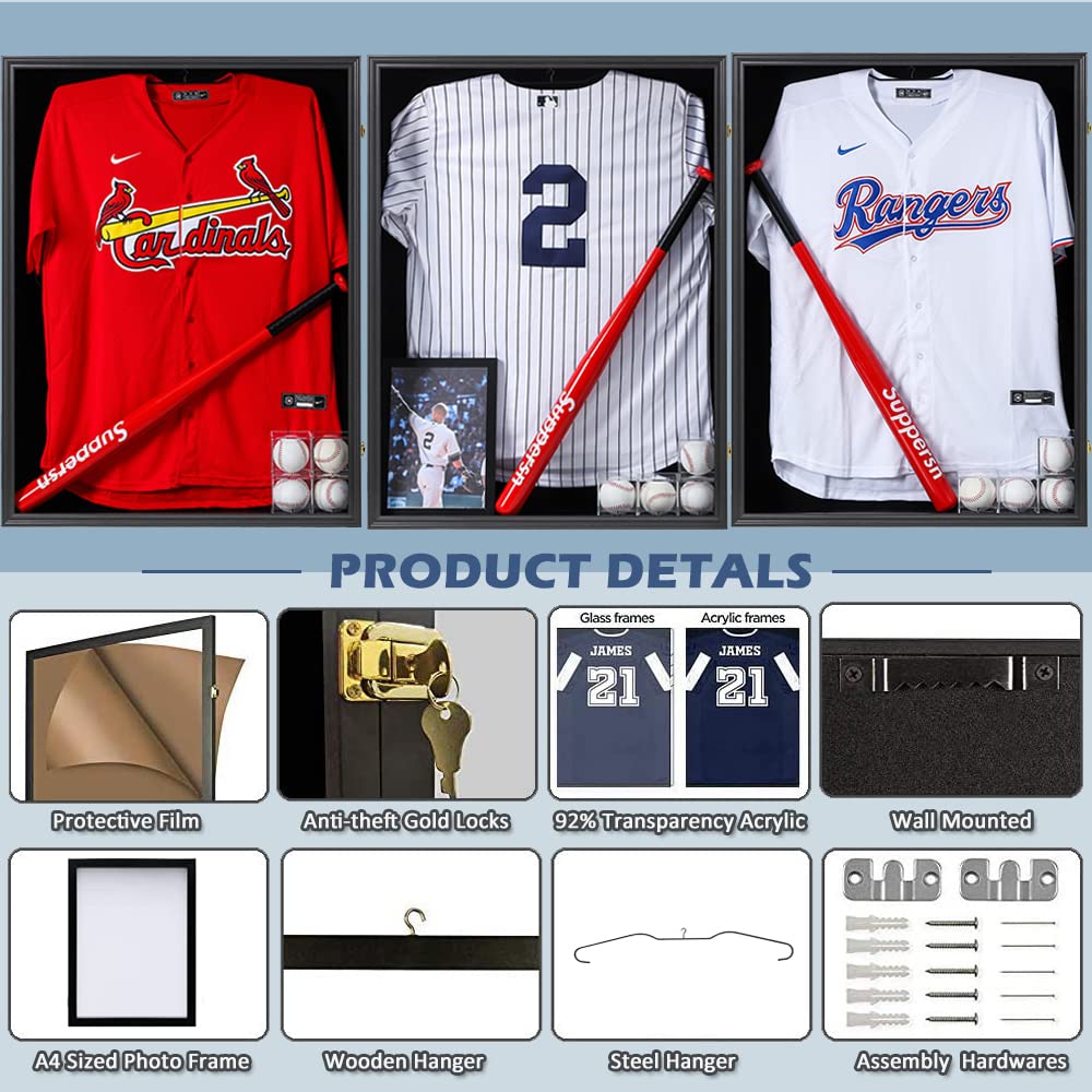 Large Jersey Display Frame Case with UV Protection - Lockable Shadow Box, Acrylic Hanger & Wall Mount for Baseball, Basketball, Football, Soccer, Hockey Jerseys - Perfect for Sports Memorabilia, Fan Cave Decor, and Man Cave Wall Display