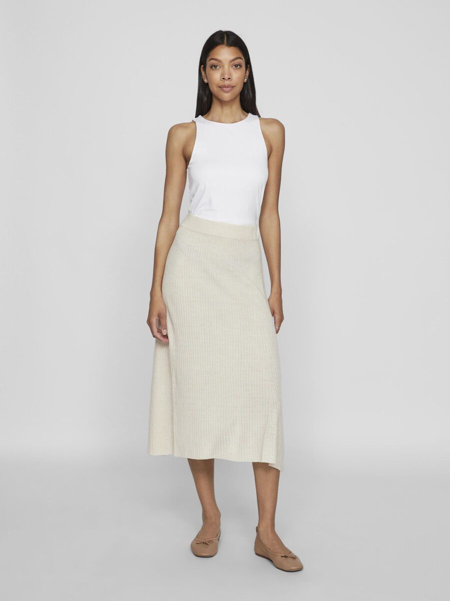 Olina Rib Knit Midi Skirt - Super Light Natural Color Stretchy Women's Skirt for Casual Wear, Office & Date Night Outfits