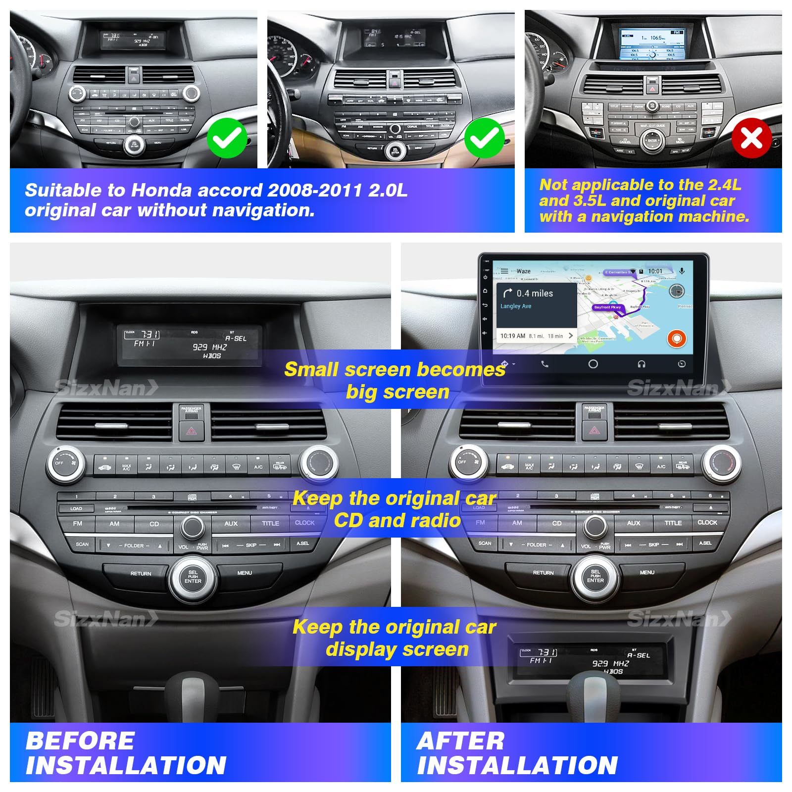 Honda Accord 8th Gen 2008-2011 Android Car Stereo with Touch Screen | Wireless CarPlay & Android Auto | Bluetooth GPS Navigation | WiFi Backup Camera | In-Dash Multimedia Player for Enhanced Driving Experience